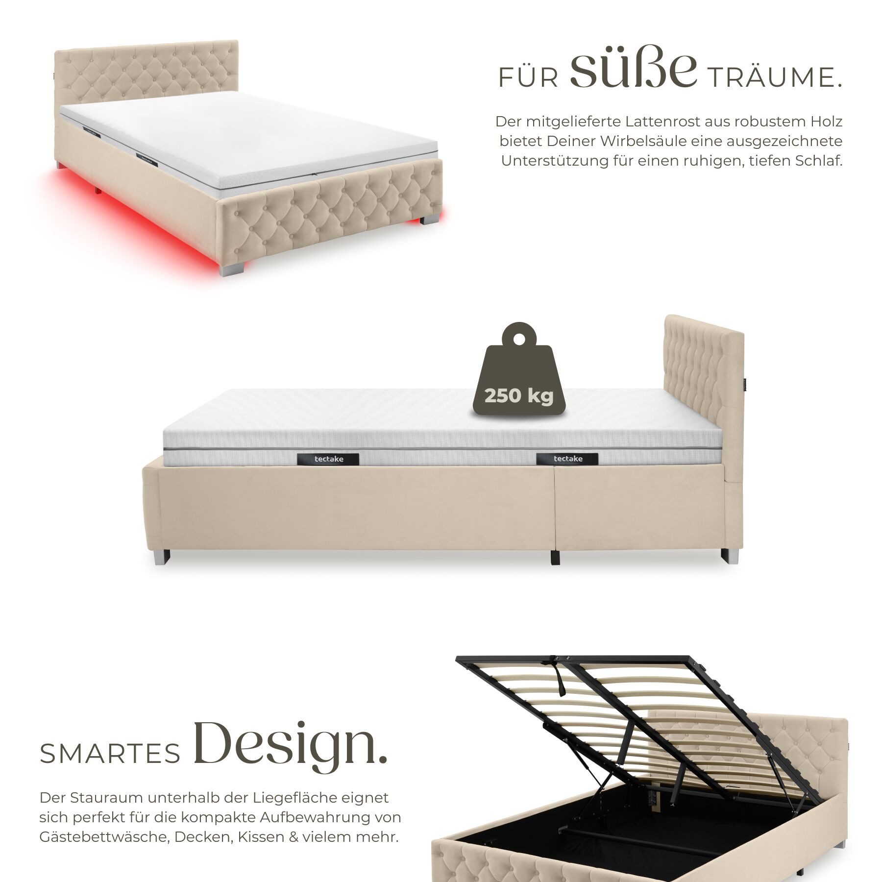 tectake Polsterbett Komfortbett mit LED-Leisten & Stauraum - Samtoptik mit Steppmuster (Bettset mit Matratze, in Samtoptik Sand), Matratze mit Komfortschaumkern – Bild 5 von 5