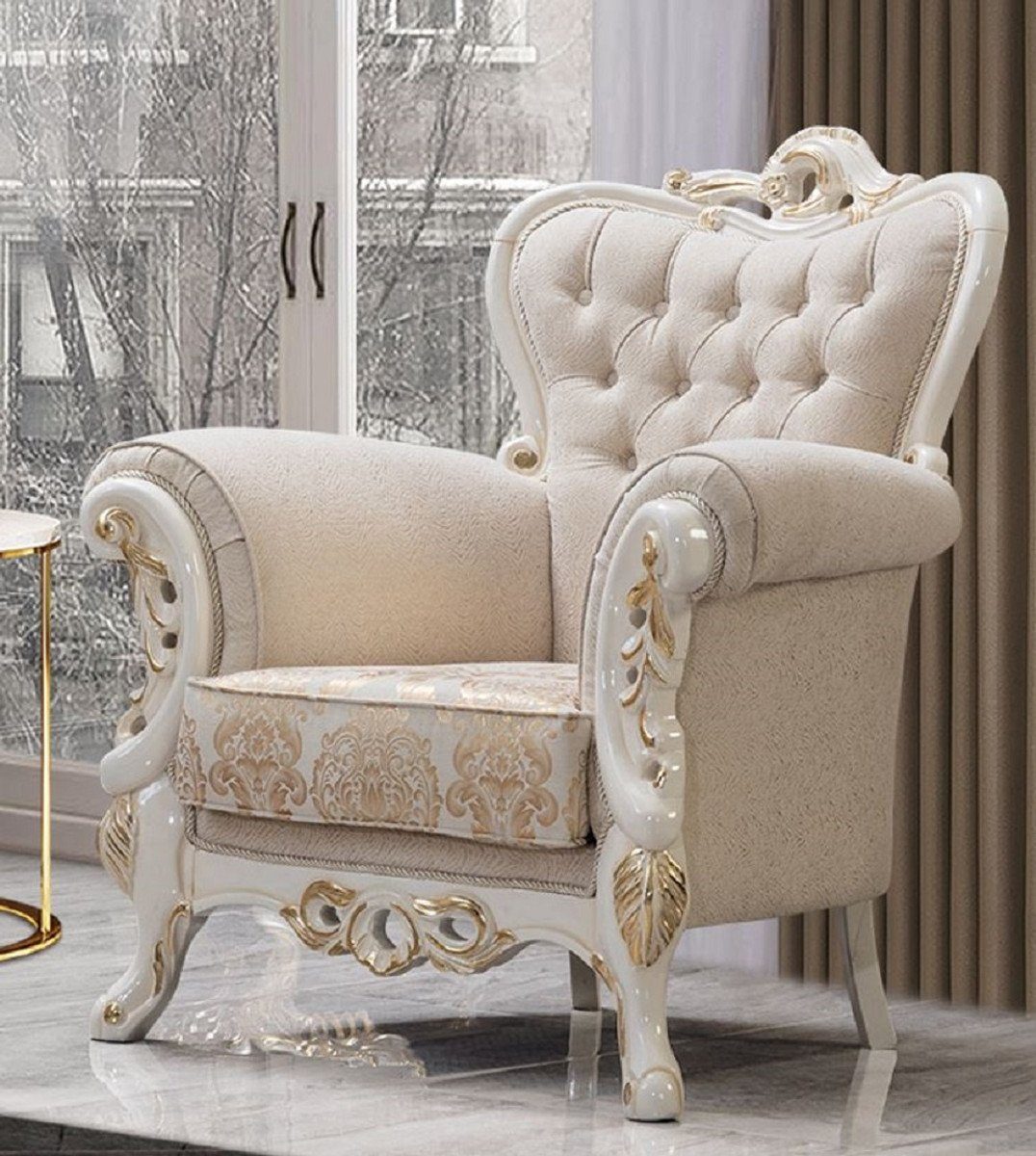 Casa Padrino Sessel Casa Padrino Luxus Barock Sessel Weiß / Gold - Prunkvoller Wohnzimmer Sessel mit elegantem Muster - Luxus Wohnzimmer Möbel im Barockstil - Barock Möbel - Barock Einrichtung | Einzelsessel
