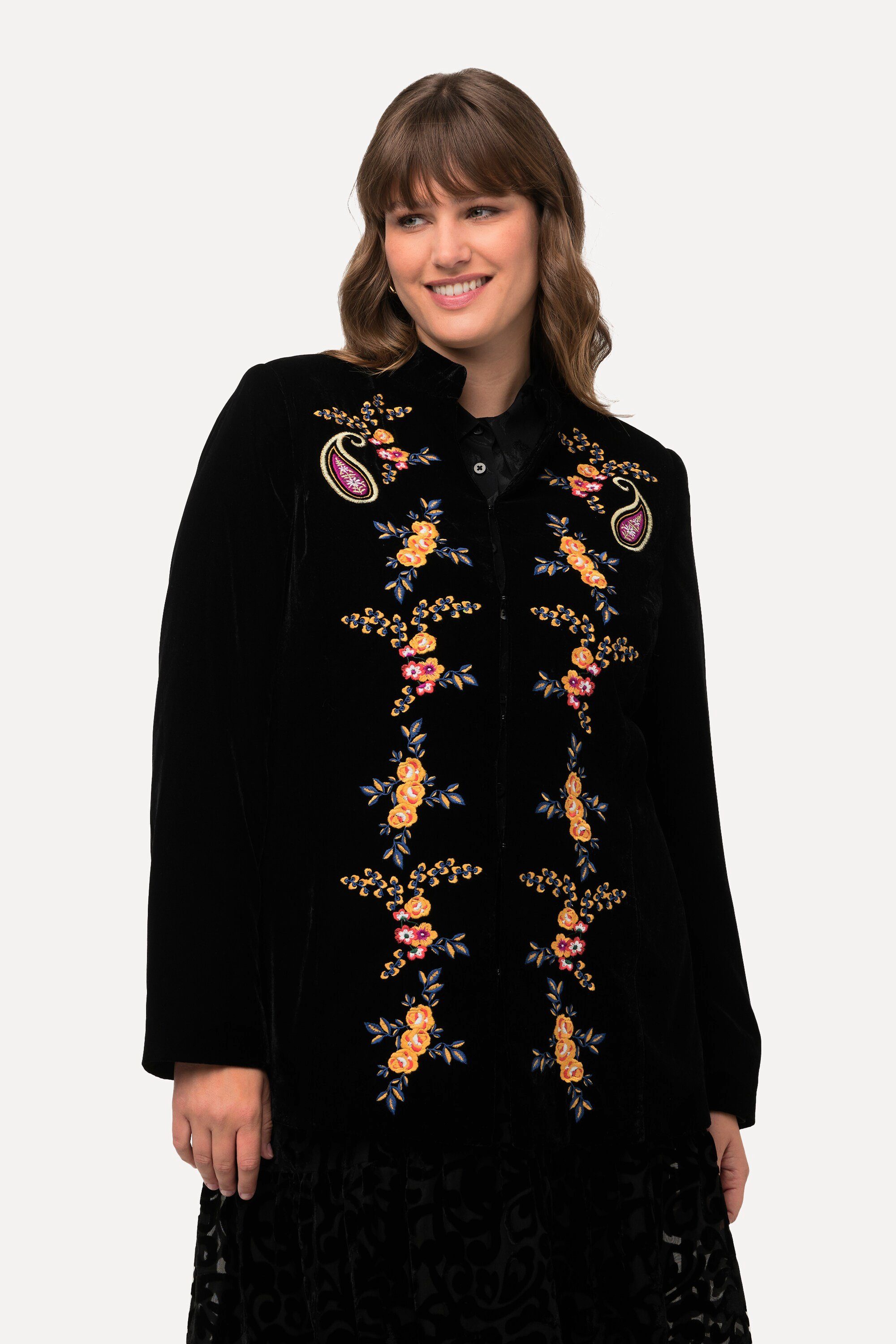 Blusenblazer Samtblazer Blüten-Stickerei Stehkragen