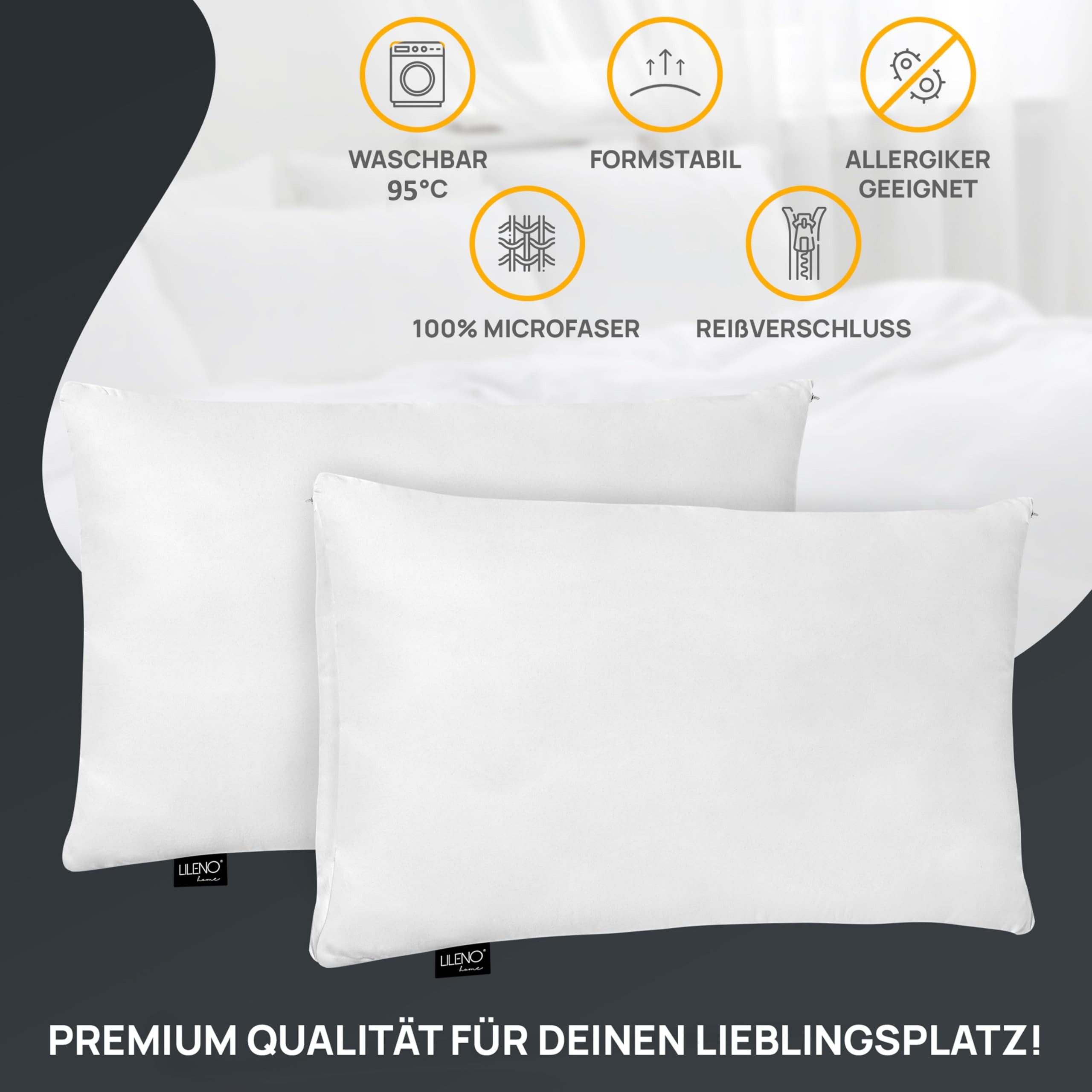 LILENO HOME Microfaserkissen - geeignet für Allergiker, in verschiedenen Größen - Made in Germany, Füllung: 100% Polyester, Rückenschläfer, Seitenschläfer, Bauc – Bild 4 von 5