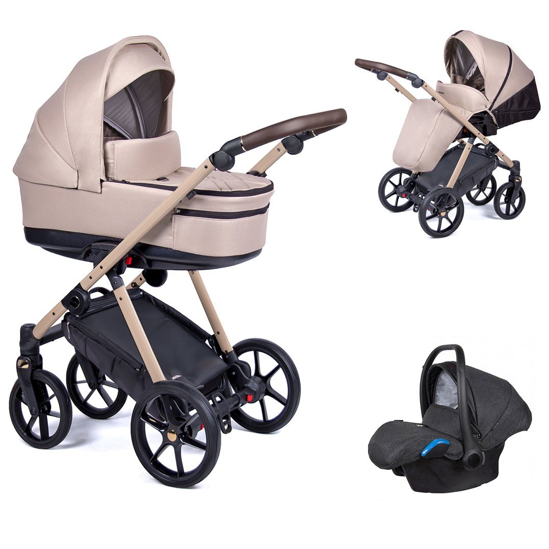 babies-on-wheels Kombi-Kinderwagen 3 in 1 Kinderwagen-Set Axxis - 15 Teile - in 24 Designs Sand = Gestell beige