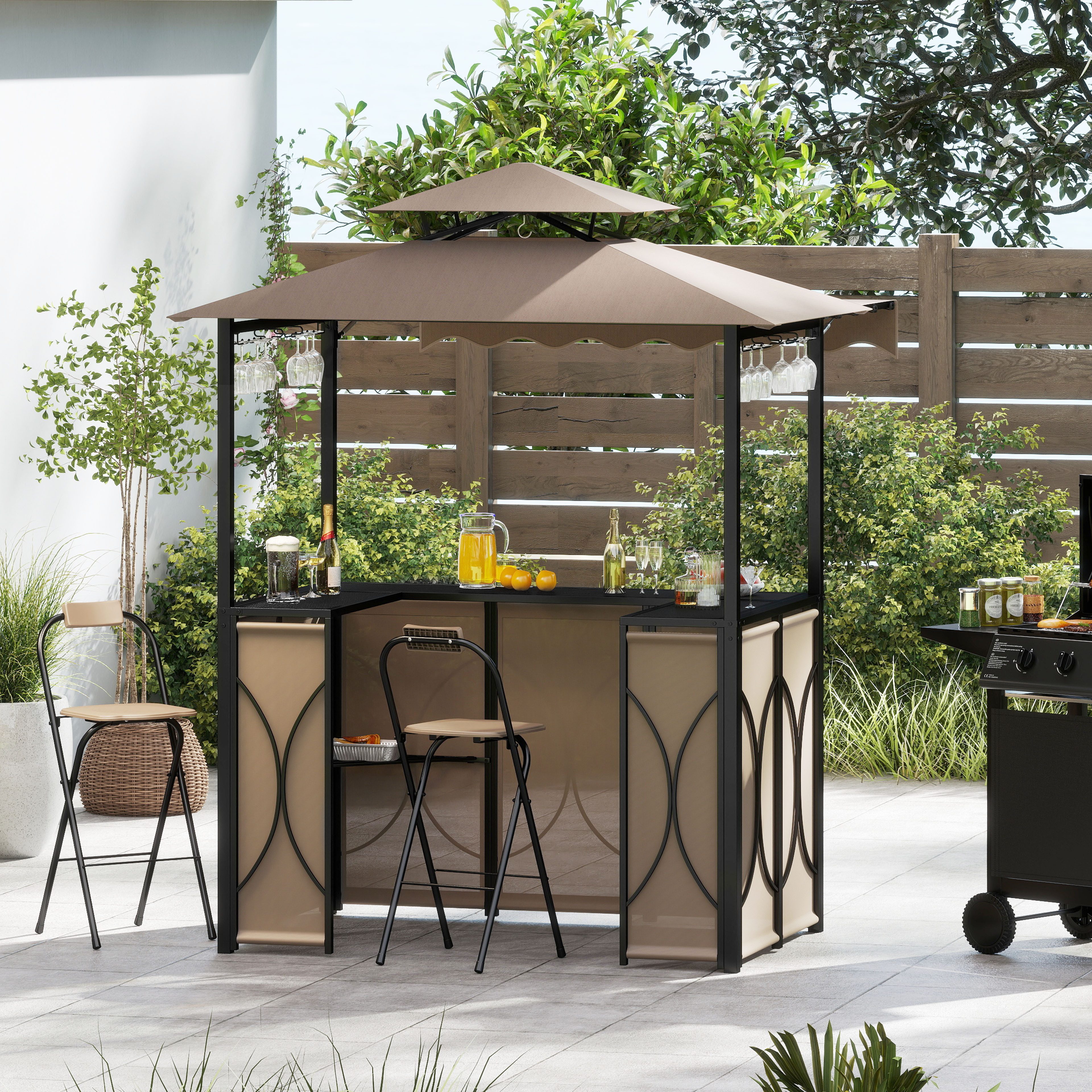 COSTWAY Grillpavillon, 3-teiliges Bar-Set, Gartenpavillon mit 2 Barhockern
