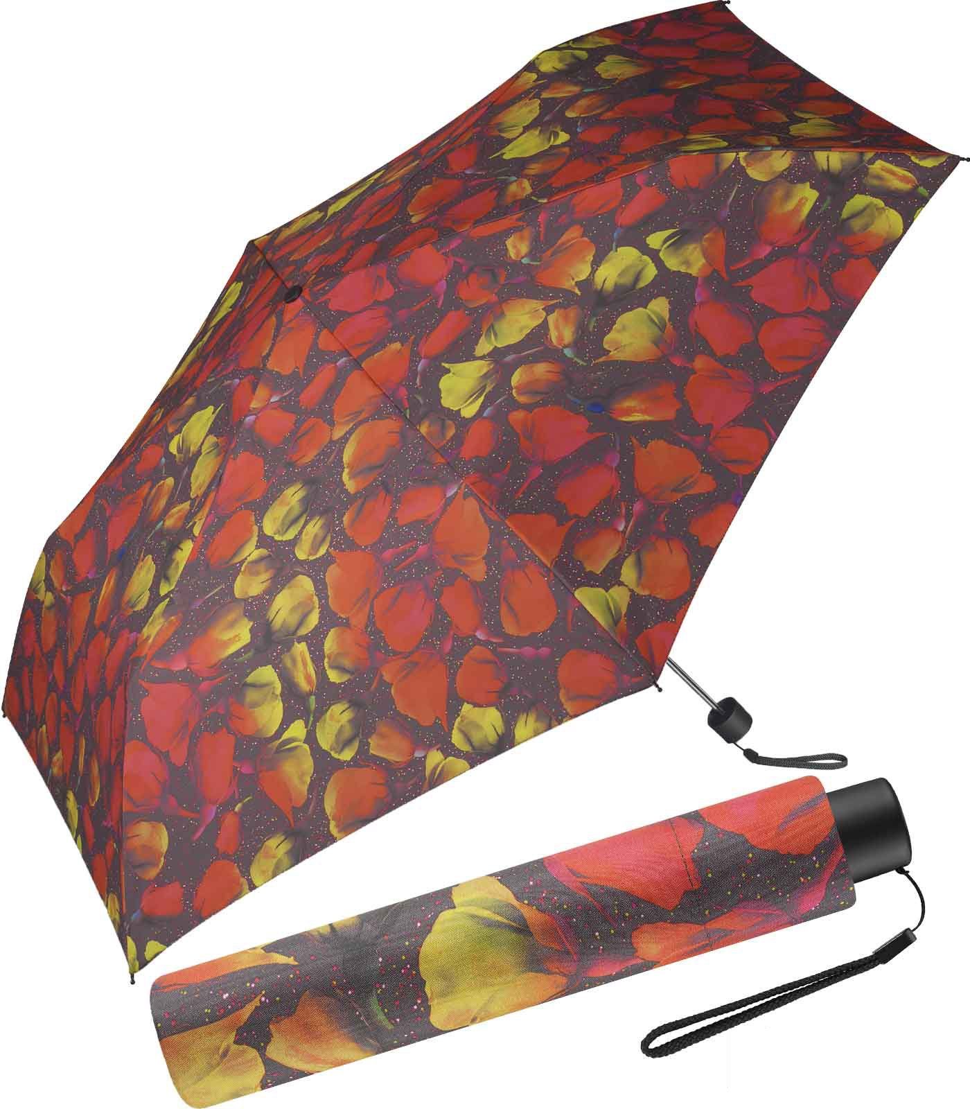 Pierre Cardin Taschenregenschirm schlanker Damen-Taschenschirm mit Handöffner, mit stilvollem orangefarbenen Blumen-Muster