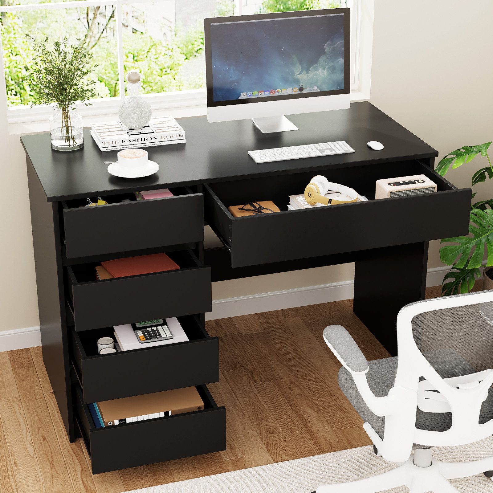 VOWNER Schreibtisch mit 5 Schubladen, modernes einfaches Studier- und PC-Tisch (1-St), Für kleines Raum & Heimbüro – Abmessungen: 110x50x75 cm