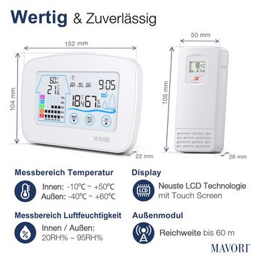 MAVORI Wetterstation Funk mit Außensensor – Hygrometer mit Thermometer Funkwetterstation (Funk Wetterstation Innen und Außensensor - mit integrierter Funkuhr)
