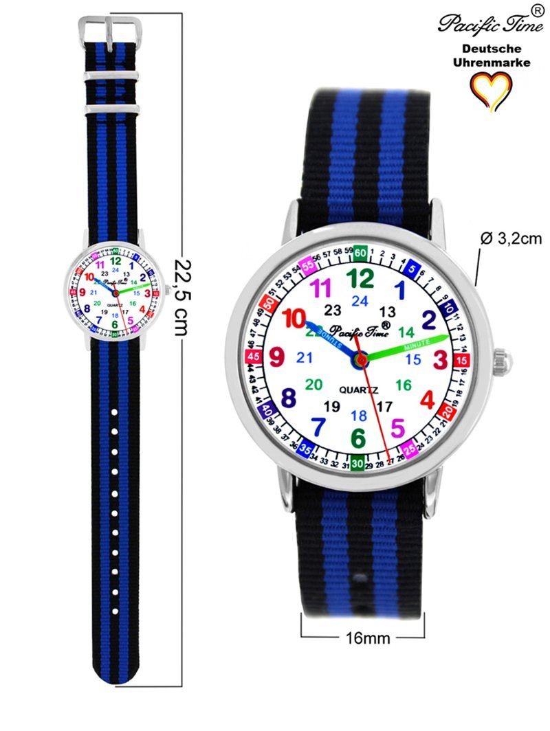 Pacific Time Quarzuhr Set Kinder und Gratis schwarz Reflektor Armbanduhr Wechselarmband, Versand - Lernuhr Mix Match blau Design gelb gestreift