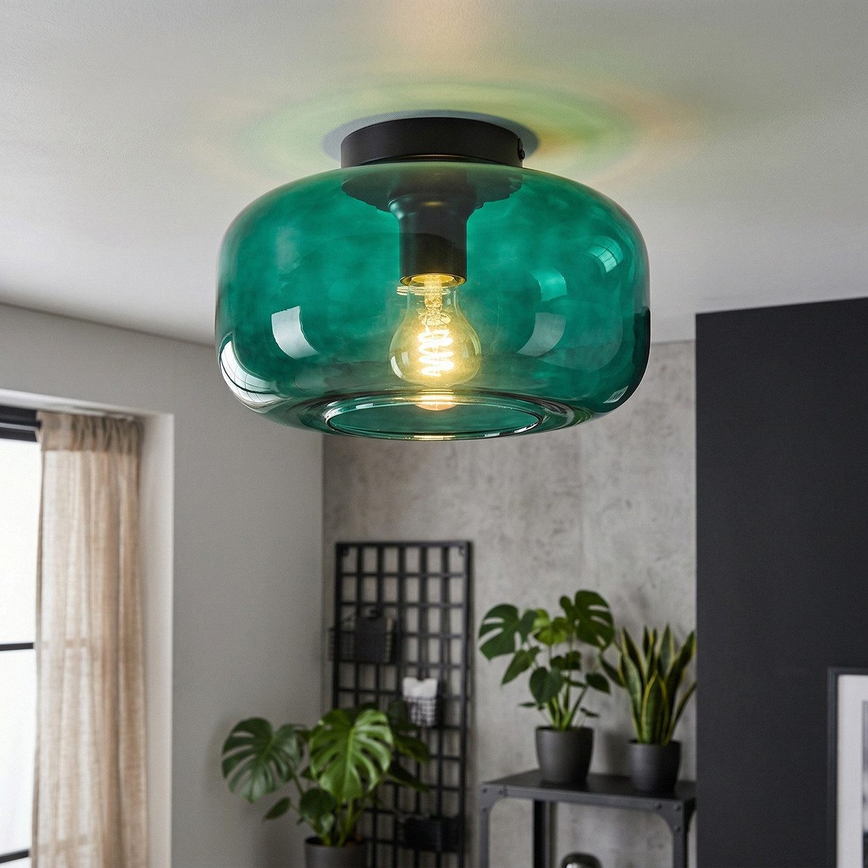 hofstein Deckenleuchte Deckenlampe aus Metall/Glas in Schwarz/Dunkelgrün, ohne Leuchtmittel, Deckenleuchte im Retro/Vintage-Design, Ø 28 cm, Höhe 17 cm, E27