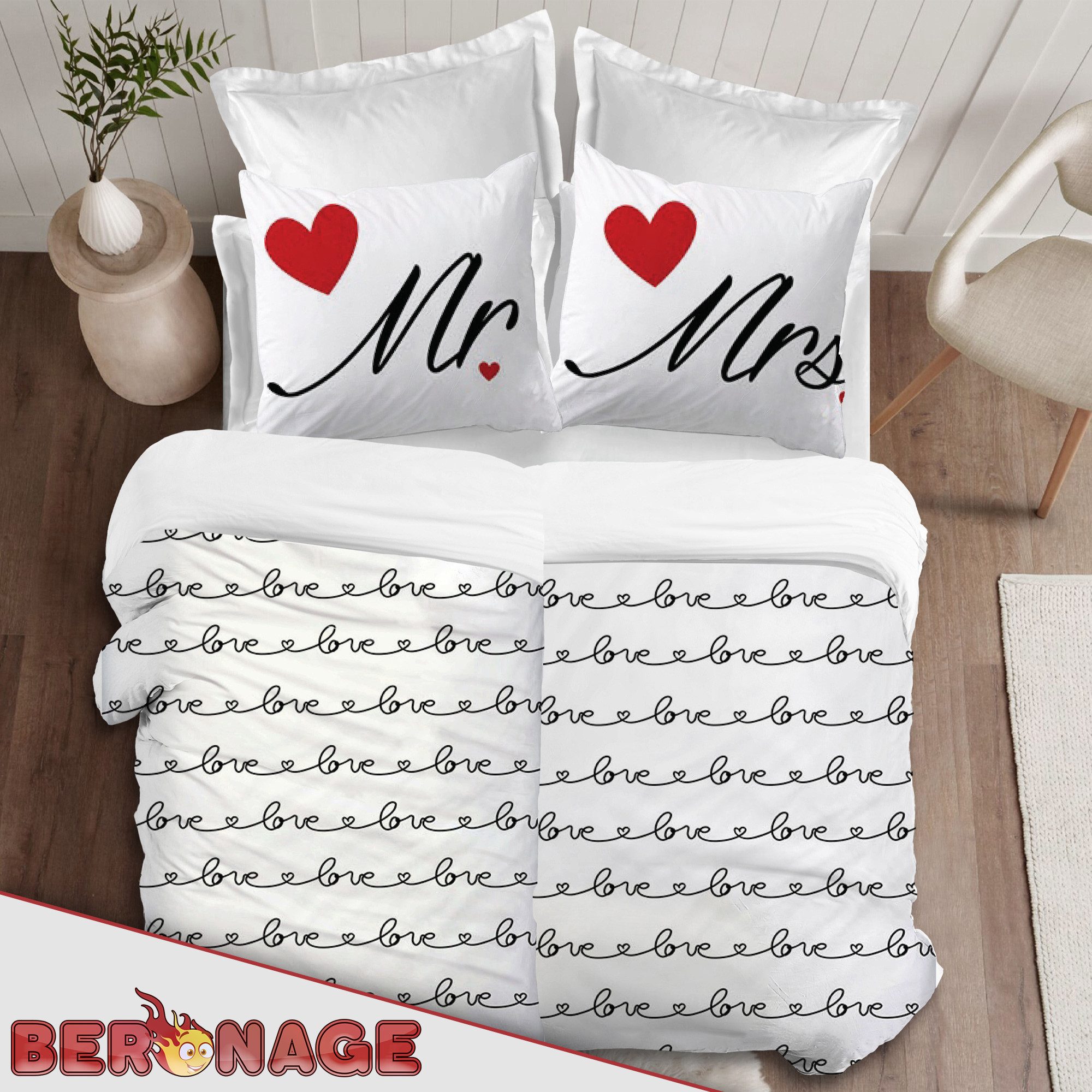 BERONAGE Partnerbettwäsche Mr. & Mrs. Partnerbettwäsche 2 Bettwäsche-Sets, 4 teilig, 135x200 + 80x80 cm – Bild 5 von 5