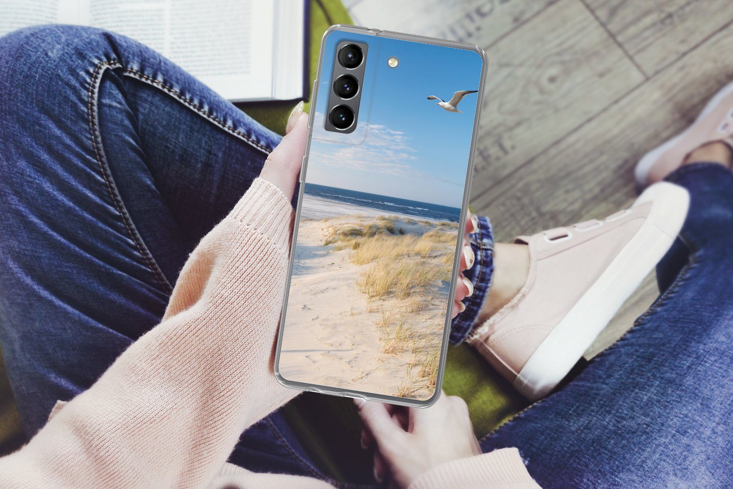 MuchoWow Handyhülle für Samsung Galaxy S21 Plus Düne - Möwe - Strand - Meer - Sonne, Phone Case, Silikon, Schutzhülle Dünn