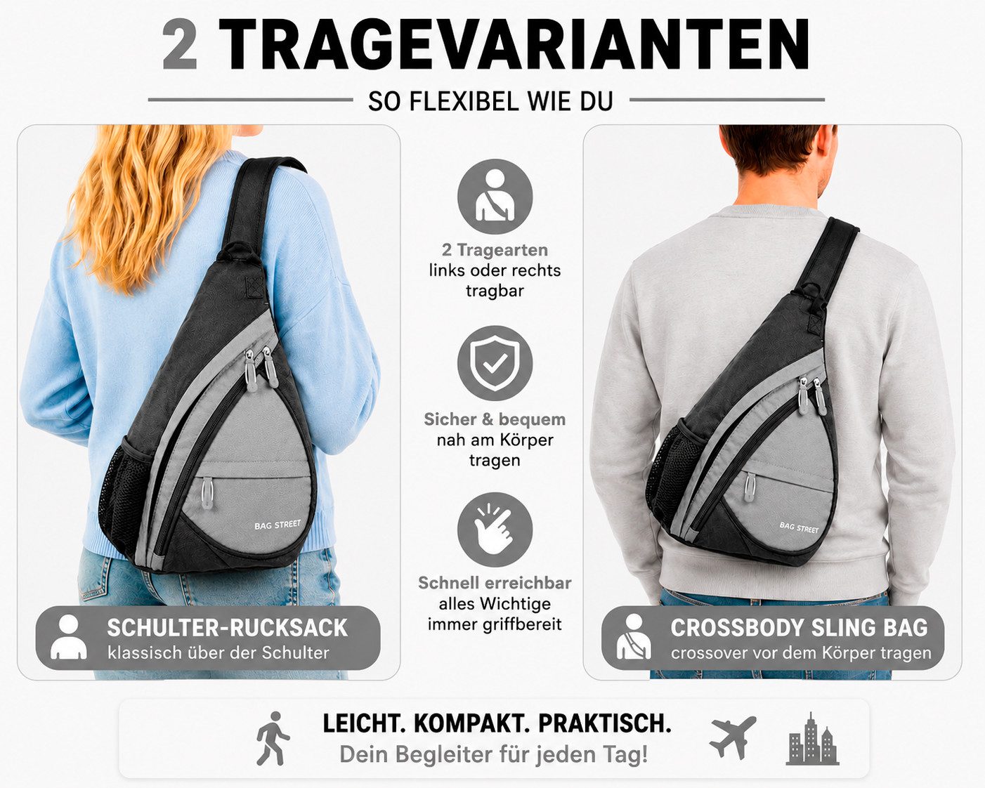 BAG STREET INTERNATIONAL Daypack Sling Bag Crossbody Schulterrucksack mit Sicherheitsfach Leicht Alltag