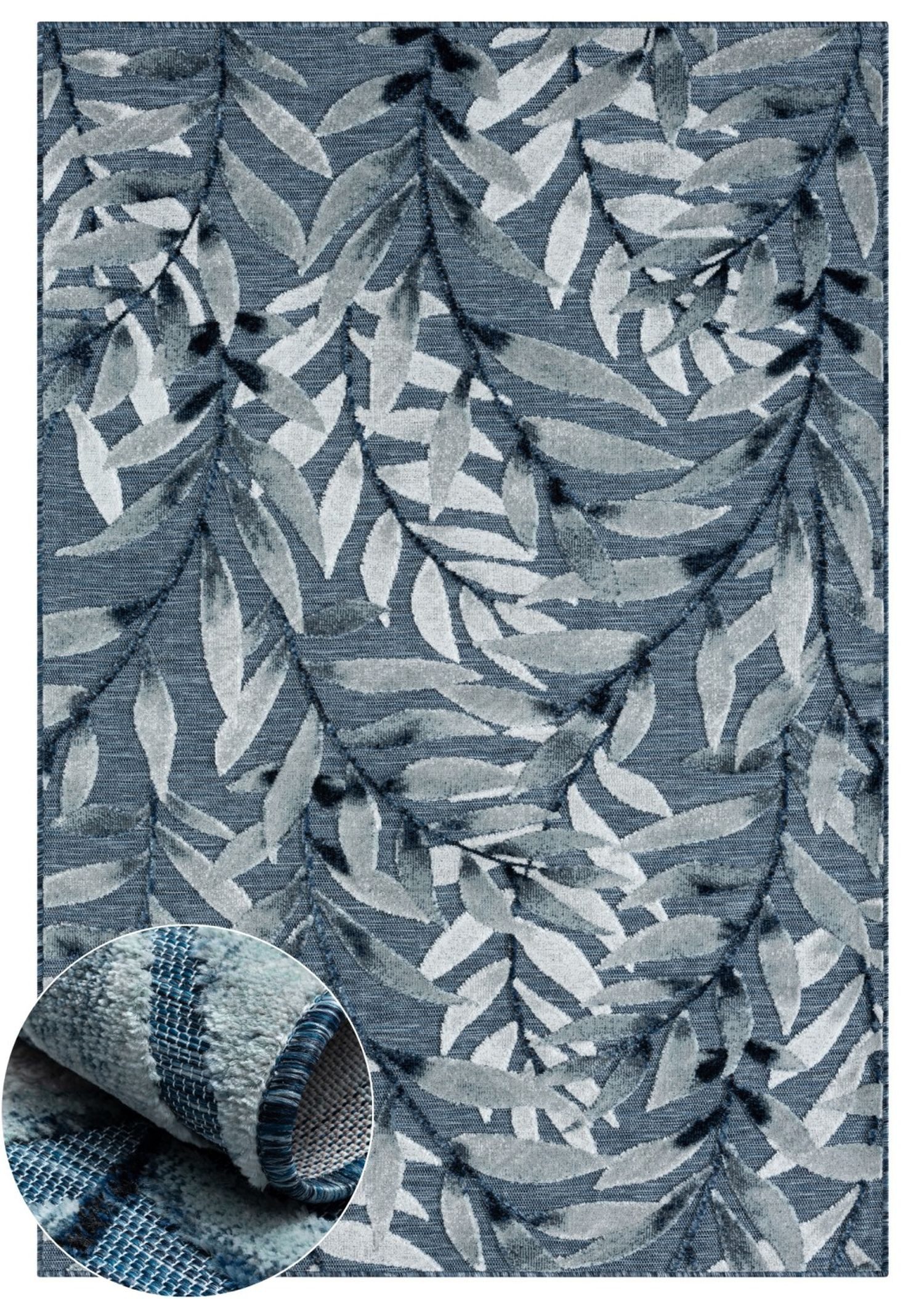 Wohnando Teppich MY-RUG Outdoor-Teppich "Laurel" 160x100 cm, blau, rechteckig, Höhe: 8 mm, mit floralem Hoch-Tief-Design, für draußen