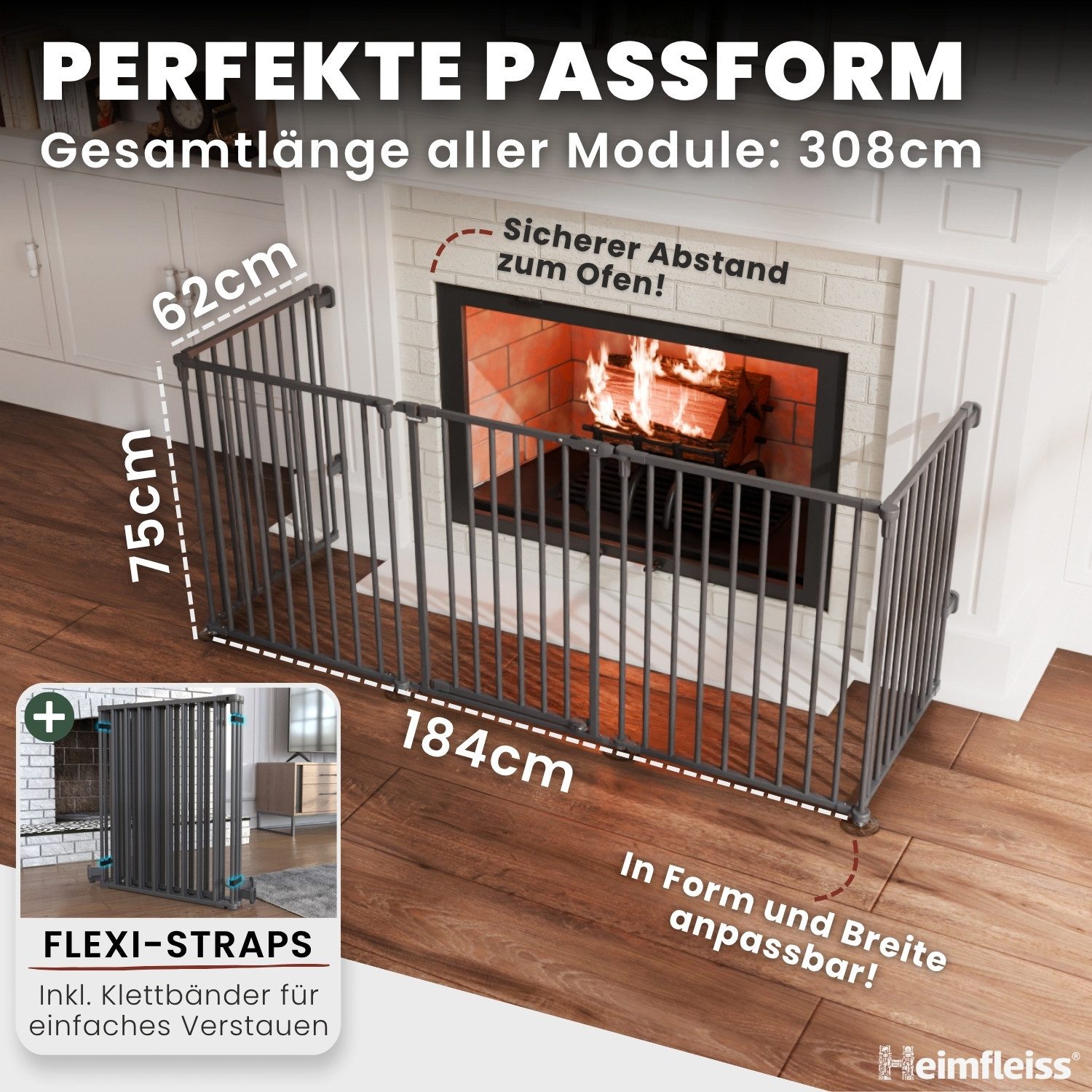 Heimfleiss® Ofenschutzgitter Kaminschutzgitter ohne Bohren Baby Hunde (Treppenschutzgitter Türgitter, 5 St., inkl. Saugnäpfe & Wandhalterungen), 308 cm mit Türf – Bild 4 von 5