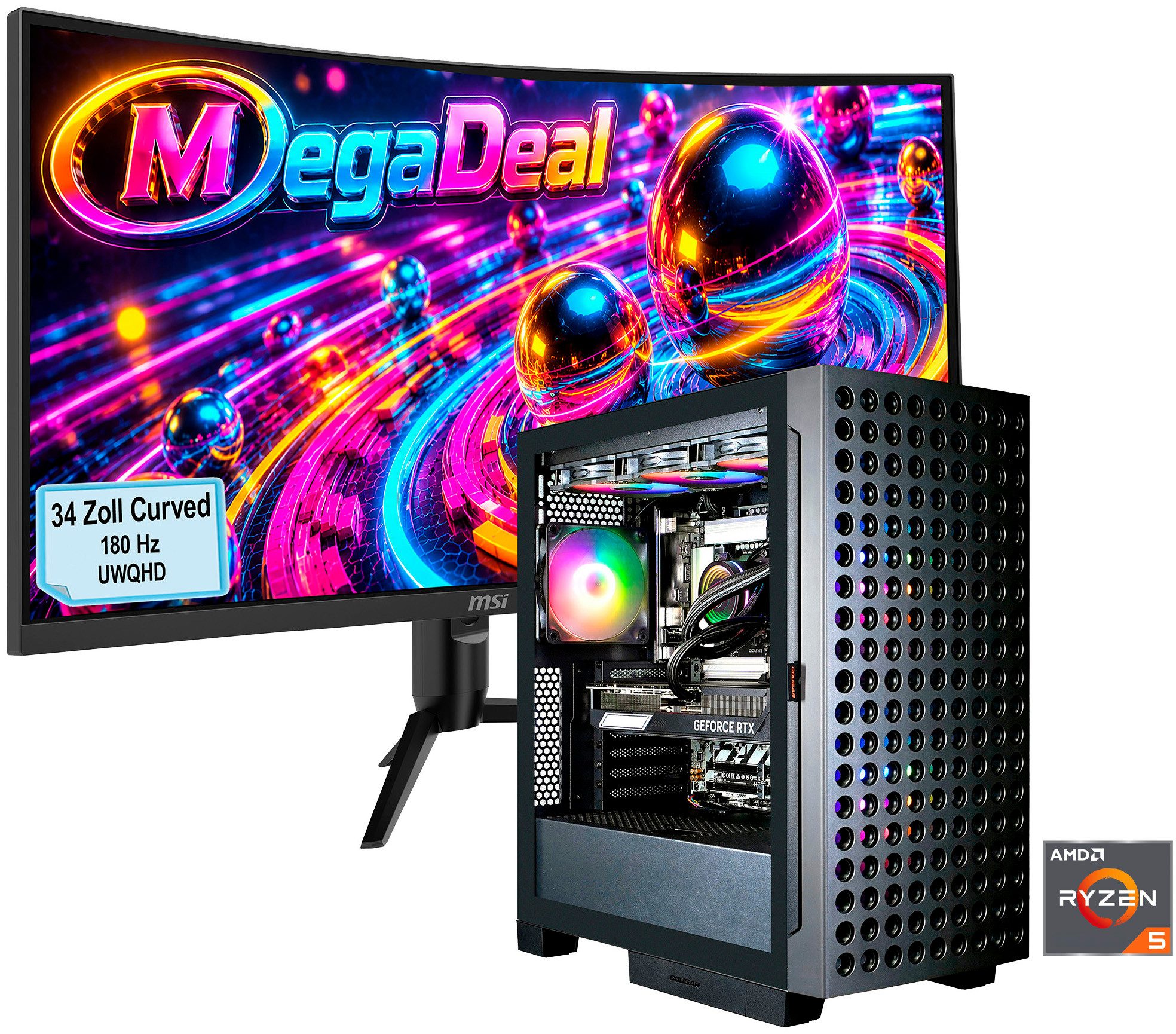 Cougar MegaDeal AIRFACE ECO BK 2847 Ryzen 5 9600X 32GB DDR5 1TB SSD RTX 5070 Gaming-PC-Komplettsystem (34", AMD Ryzen 5 9600X, RTX 5070, 32 GB RAM, 1000 GB SSD, Windows 11, DDR5 RAM + MSI MAG 342CQR E2 Curved Monitor 86cm (34)