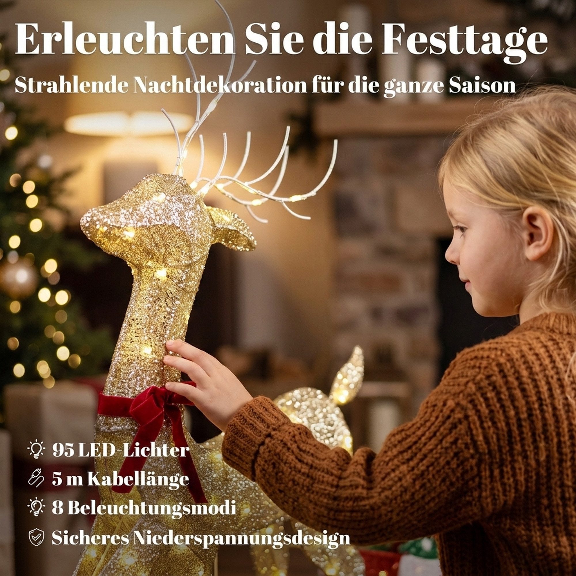 Outsunny Weihnachtsfigur Weihnachtsbeleuchtung warmweiß für Innen und Außen (Set, 1 St., 2tlg), 95 LEDs, 8 Modi, Timer, IP44, 5 m Kabel – Bild 5 von 5