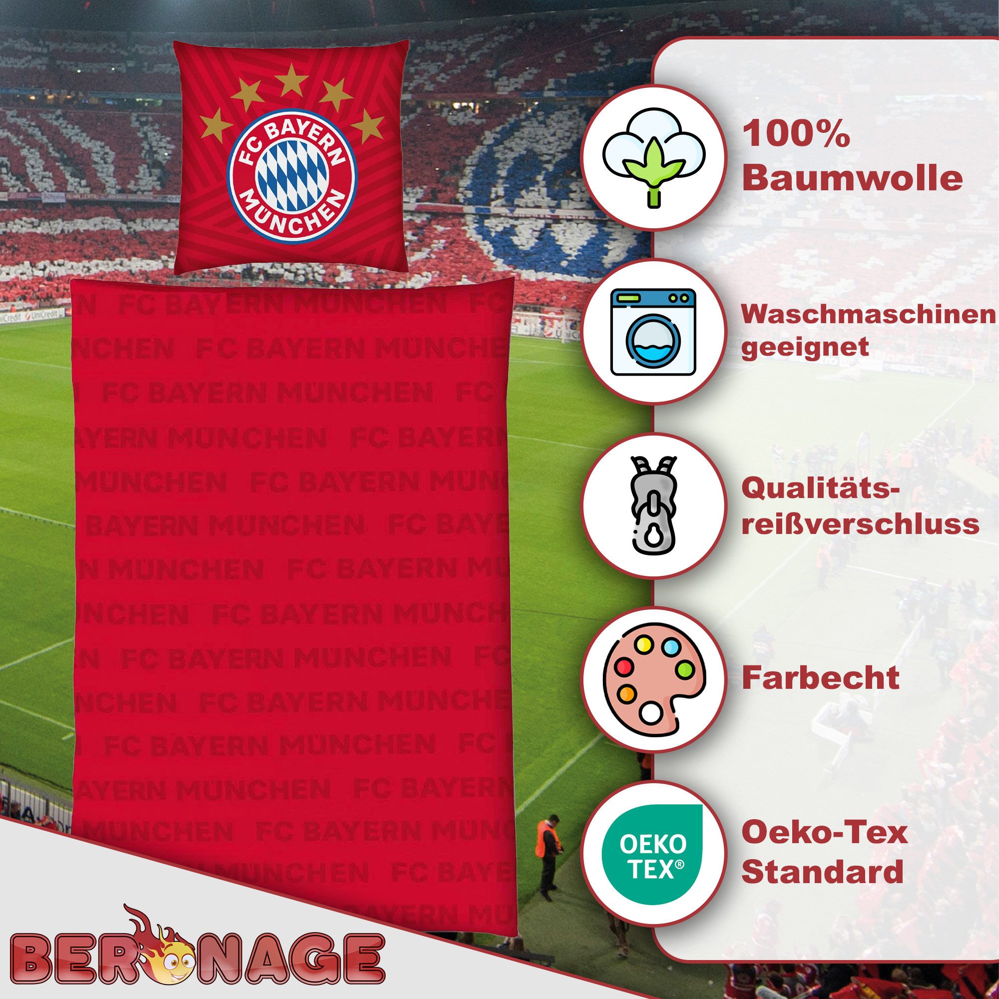 BERONAGE Wendebettwäsche FC Bayern München Bettwäsche " 5 Sterne Rot " Linon / Renforcé, Baumwolle, 2 teilig, 135x200 + 80x80 cm