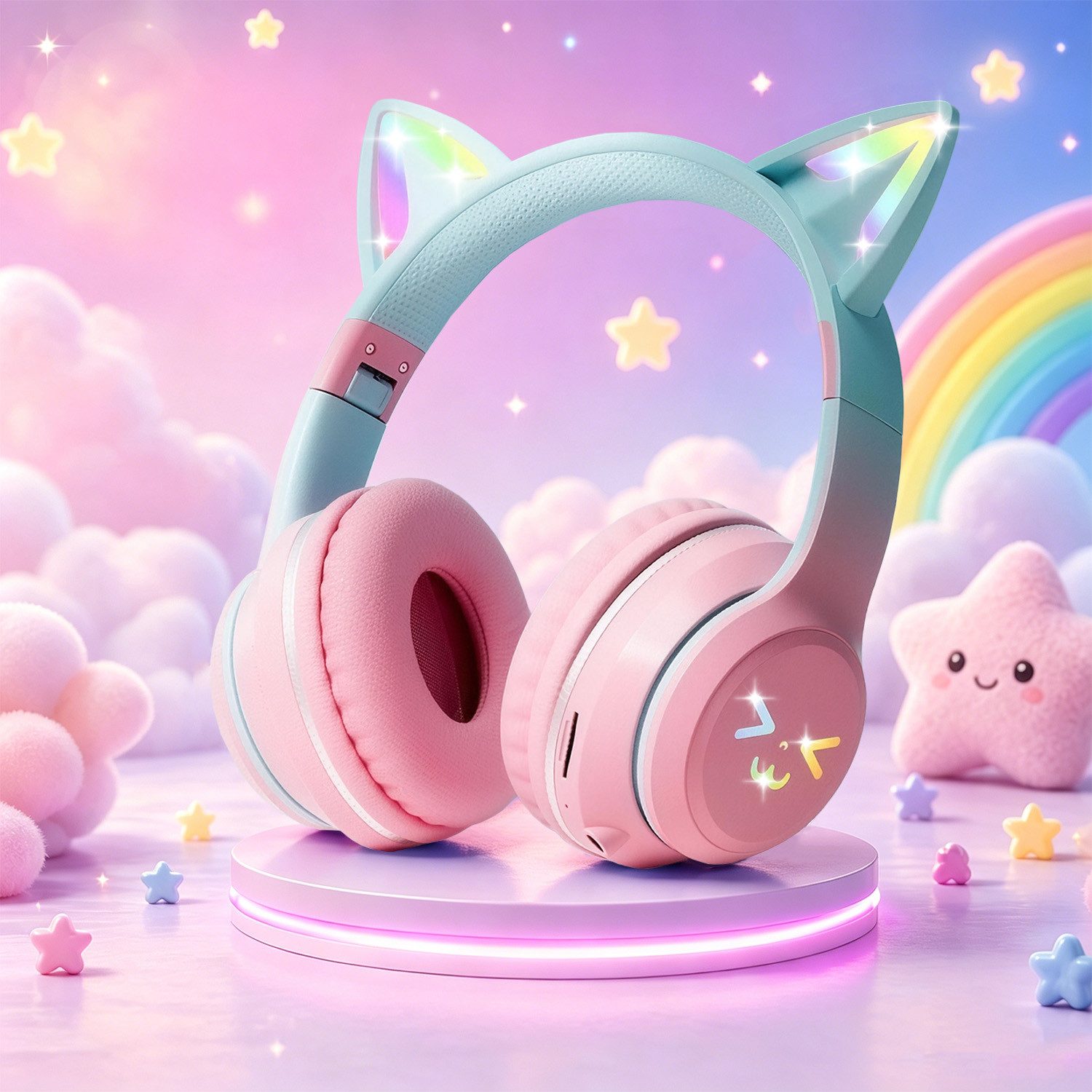 FOSMET Bluetooth Kopfhörer Kinder mit LED-Leuchten 60dBA Lautstärkebegrenzung Over-Ear-Kopfhörer (10 Stunden Spielzeit, Stereo-Sound, Kinderkopfhörer für Tablet/Reisen)