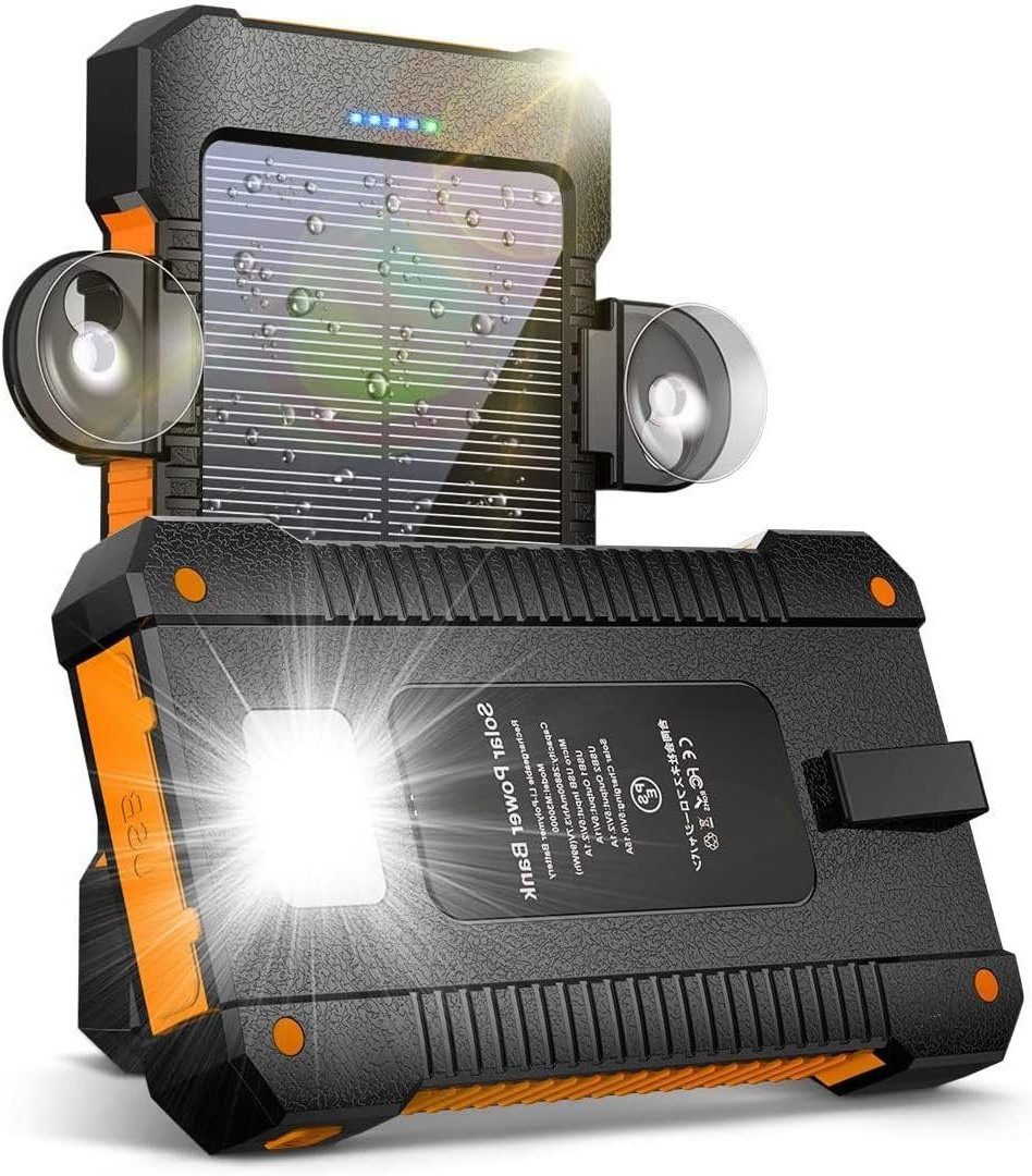 Diyarts M30000 Solar Powerbank 10000 mAh, Solar Powerbank 10.000 mAh mit LED-Lampe & Saugnapfhalterung