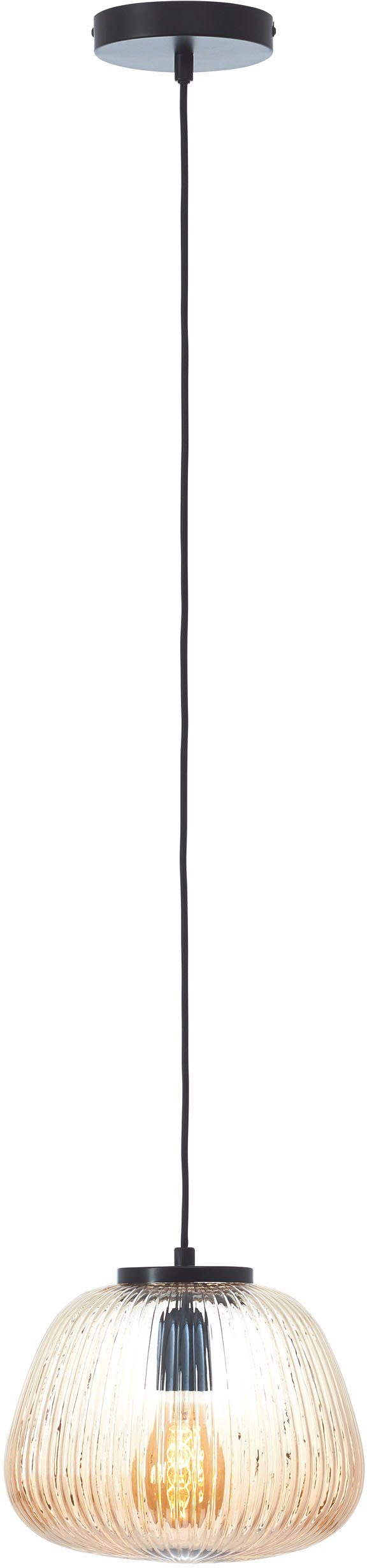 Brilliant Pendelleuchte Kaizen, ohne Leuchtmittel, Riffelglas, D 25 cm, E27, kürzbar, Amber-Bernsteinfarben