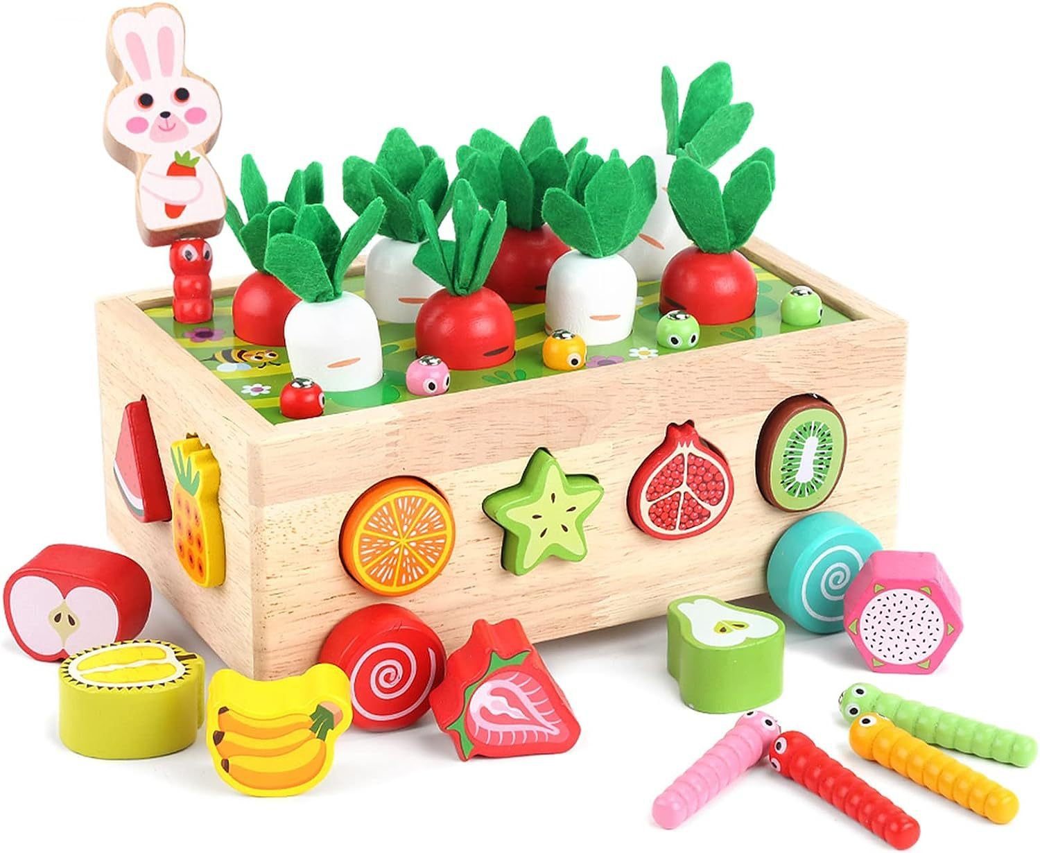 SOTOR Lernspielzeug Montessori Spielzeug ab 1 Jahr, Holzspielzeug für  Kinder (7-in-1 Karottenernte Motorikspielzeug Farmspiel aus Holz),  Kinderspielzeug Lernspielzeug Geschenk für Mädchen Jungen