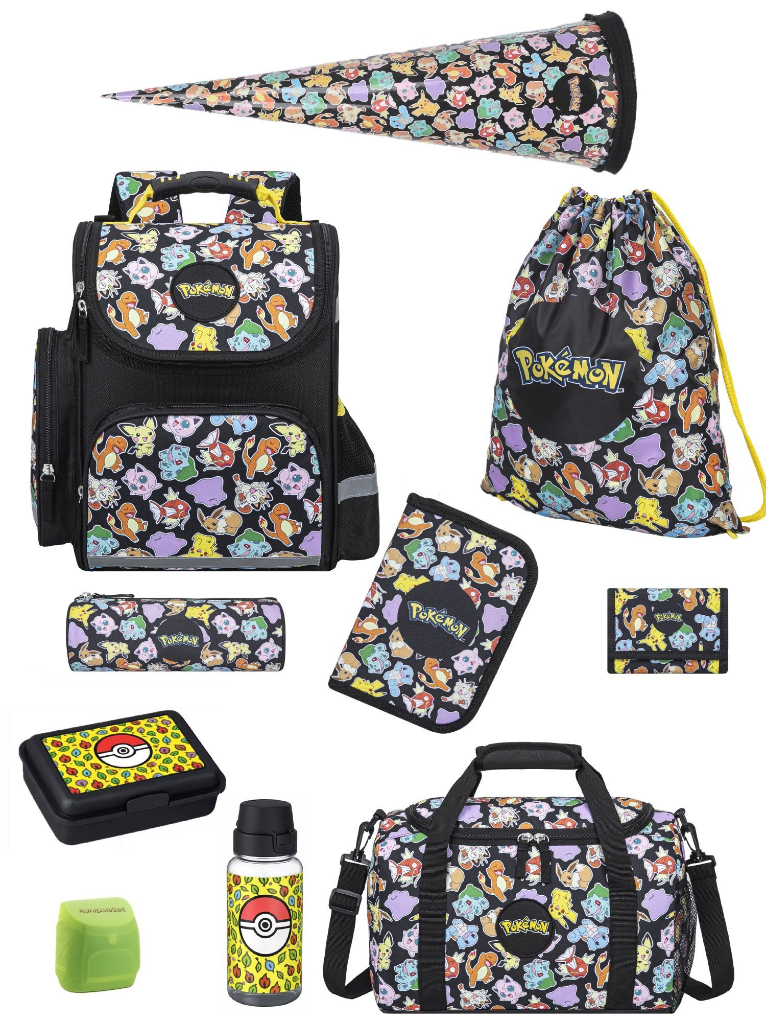 Familando Schulranzen Pokemon Pikachu Schultasche ab der 1. Klasse (Set, 10-tlg., inkl. Federmappe, Lunch-Set und Schultüte / Zuckertüte), ergonomisch, 1.010 Gramm leicht, 18L Volumen