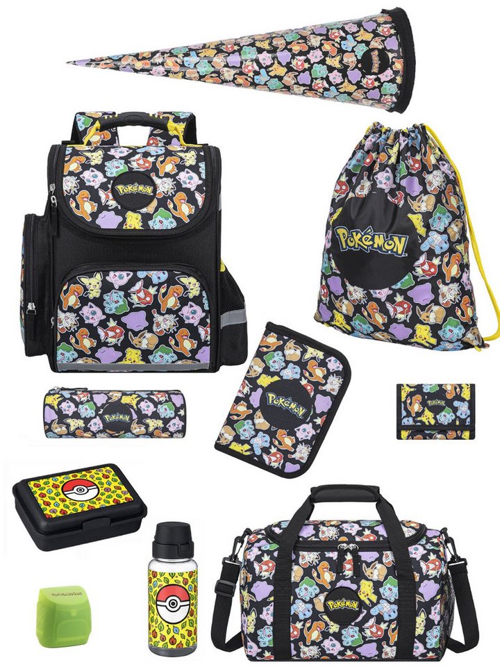 Familando Schulranzen Pokemon Pikachu Schultasche ab der 1. Klasse (Set, 10-tlg., inkl. Federmappe, Lunch-Set und Schultüte / Zuckertüte), ergonomisch, 1.010 Gramm leicht, 18L Volumen