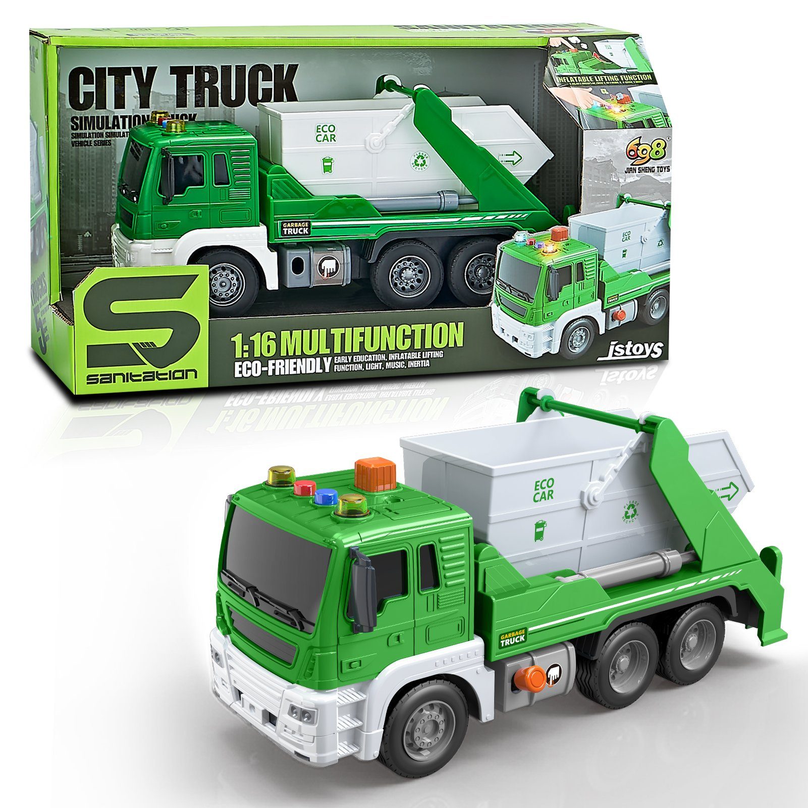 Esun Spielzeug-Müllwagen Müllauto Spielzeug mit Sound und Licht, 1:16 LKW  Müllwagen Grün Autos Fahrzeuge Kinderspielzeug Geschenk für Kinder Jungen 3  4 5 Jahre, (Set, Komplettset)