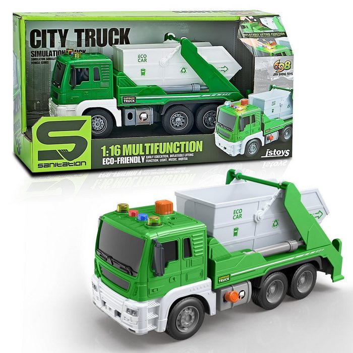 Esun Spielzeug-Müllwagen Müllauto Spielzeug mit Sound und Licht 1:16 LKW Müllwagen Grün Autos Fahrzeuge Kinderspielzeug Geschenk für Kinder Jungen 3 4 5 Jahre (Set Komplettset)