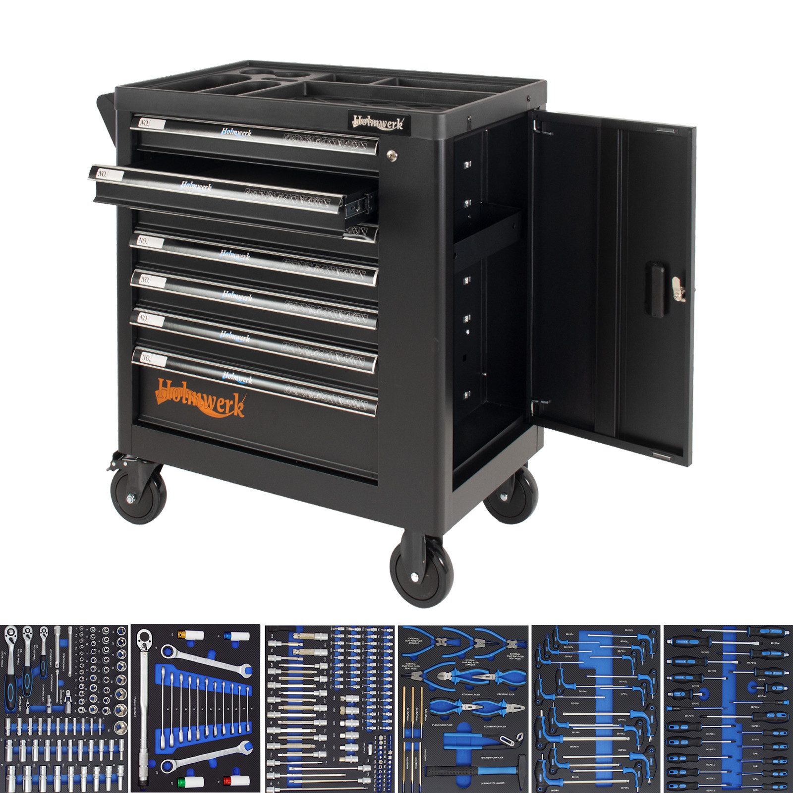 Holmwerk Тележка для мастерских Тележка для мастерских 252 tlg.bestückt 7 Schubladen Vollauszug Werkzeugwagen, auf Rollen, Chrom-Vanadium,7 Schubladen,Softclose,abschließbar