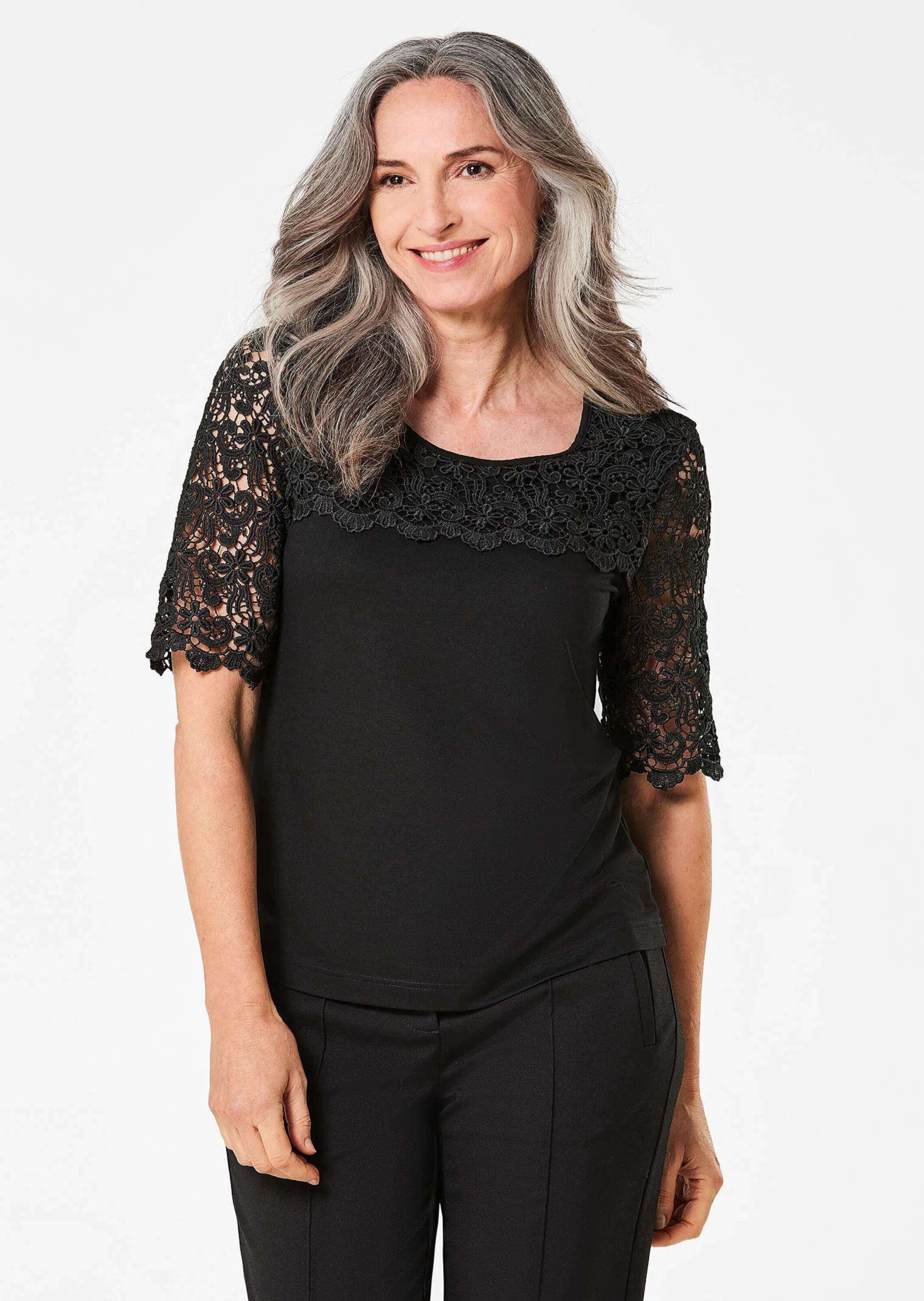 GOLDNER T-Shirt Viskose-Blusenshirt mit Spitze Viskoseshirt mit Rundhals, elastischem Saum und Langarm