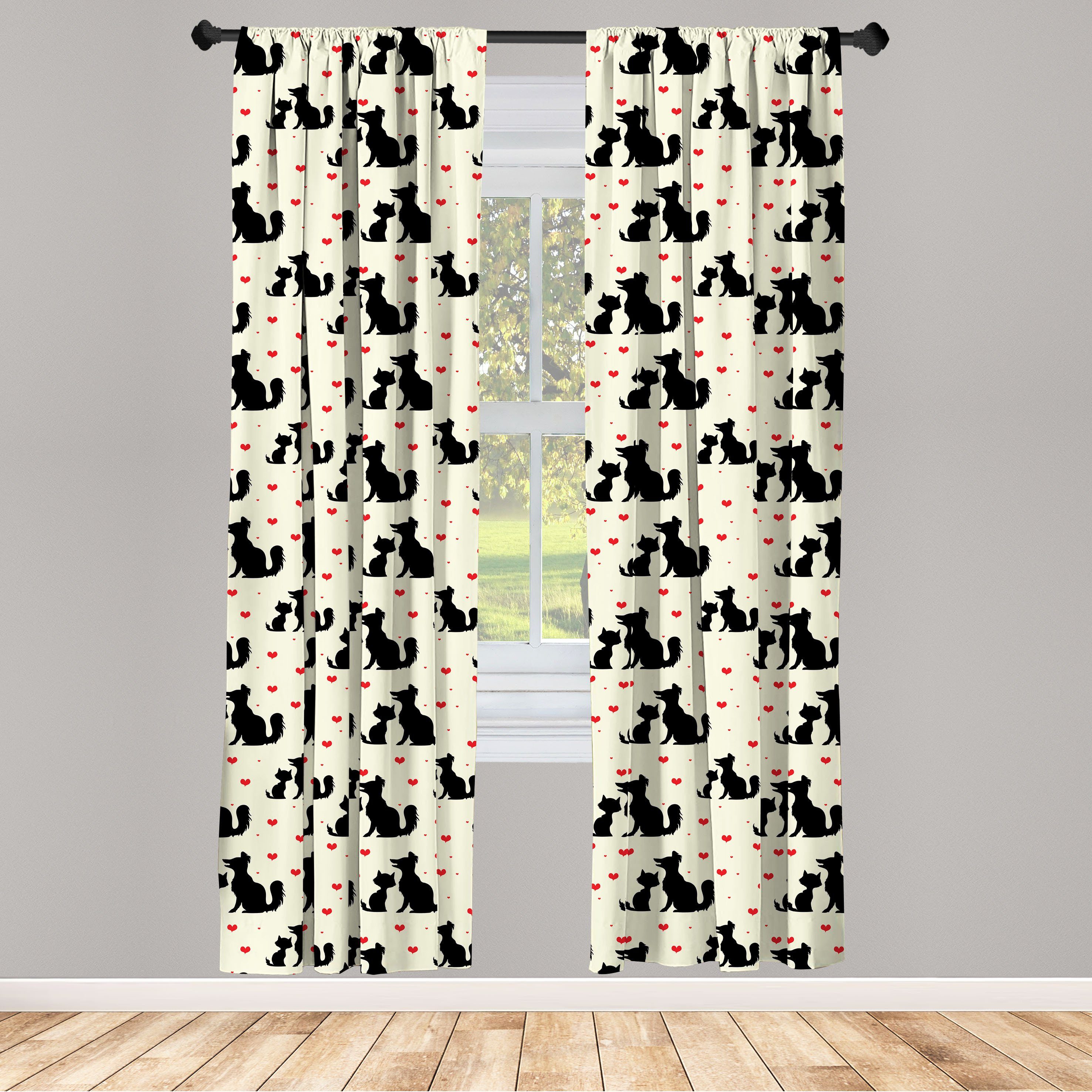 Gardine Vorhang für Wohnzimmer Schlafzimmer Dekor, Abakuhaus, Microfaser, Rot und Schwarz Hund Katze Haustier Liebe
