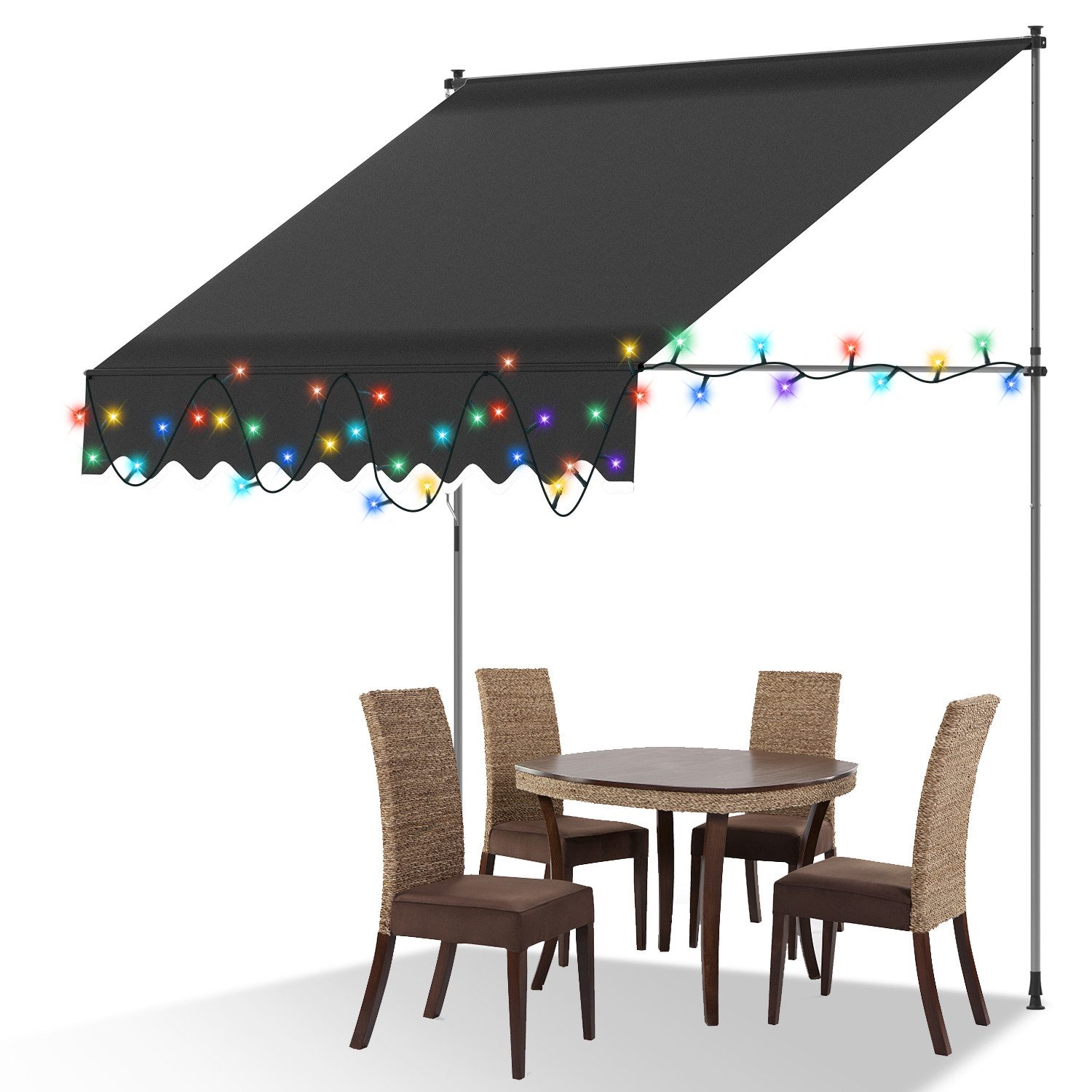 Clanmacy Klemmmarkise Klemmmarkise mit LED 300cm Balkonmarkise Markise mit Handkurbel Grau