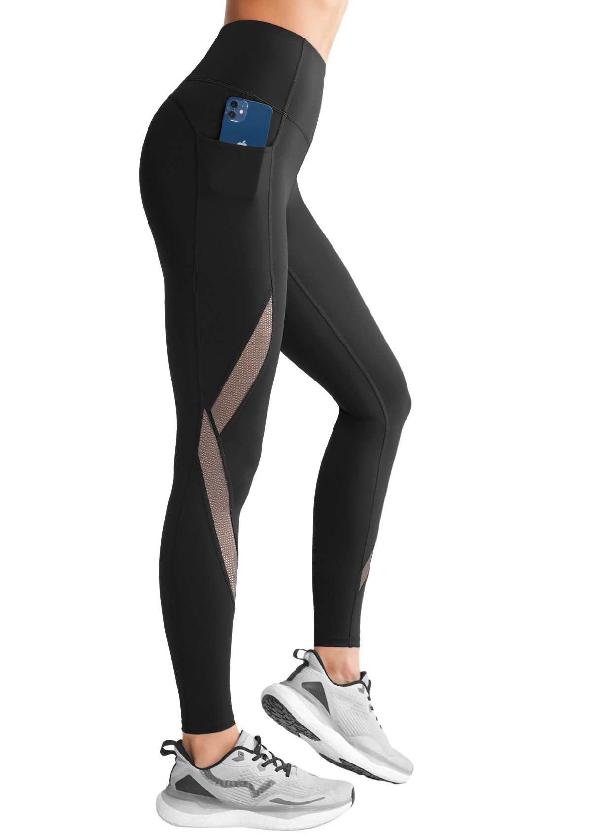Leggings Damen Sporthose mit Taschen&Mesh Atmungsaktiv