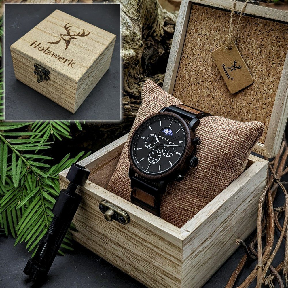 Holzwerk Chronograph BASSUM Armband Holz Mondphase, schwarz, & Edelstahl braun Herren Uhr