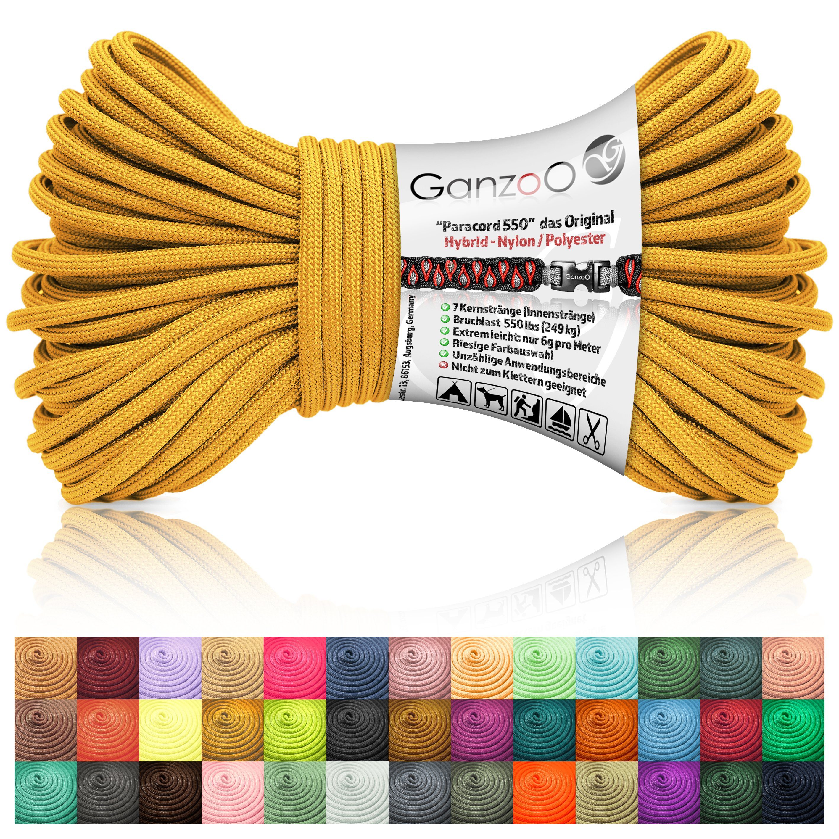 Ganzoo Paracord 550 Seil Gold-Gelb/Typ Hybrid für Armband, Leine, Halsband Seil