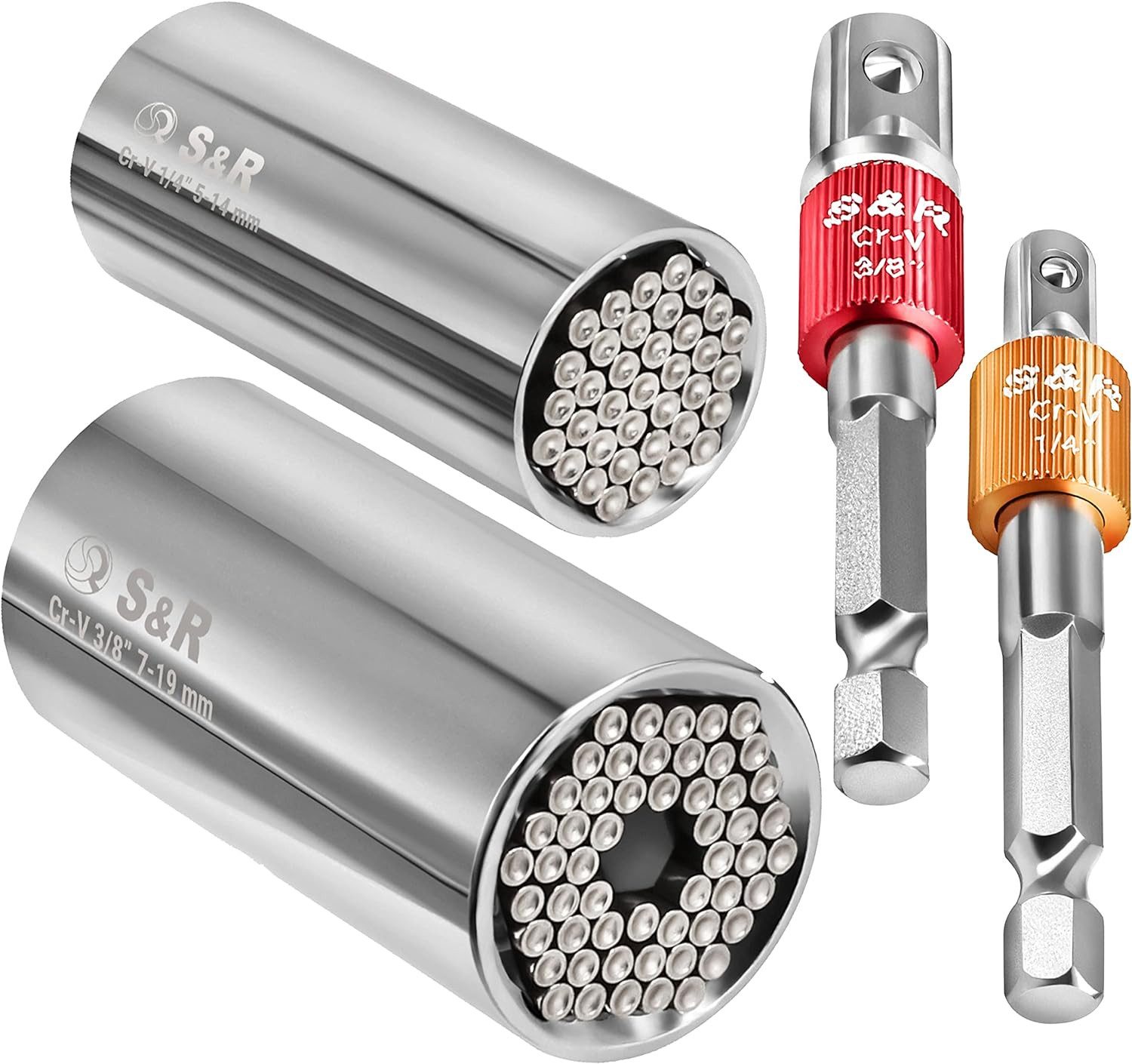 S&R Steckschlüssel Universal Multi Stecknuss, 2x Multifunktion-Nuss, 2x Sechskant Adapter (Set, 4-tlg. Nuss 5-14 mm und 7-19 mm, Adapter 1/4" und 3/8" Vierkant), einfaches Lösen von Muttern, Haken, Bolzen, selbst kaputte Schrauben von S&R