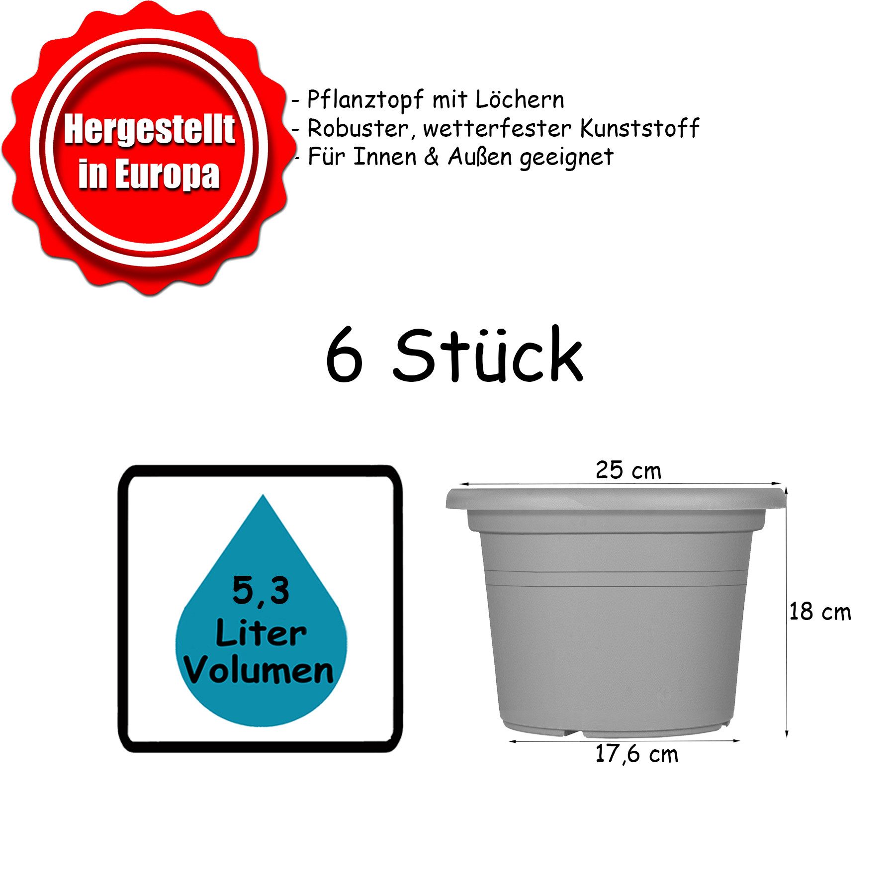 BigDean Blumentopf Pflanzkübel aus Kunststoff rund (Set, 6 St., Blumentöpfe), Blumentöpfe, Wetterfest, Hochwertig, Blumenkübel, Pflanztöpfe – Bild 5 von 5