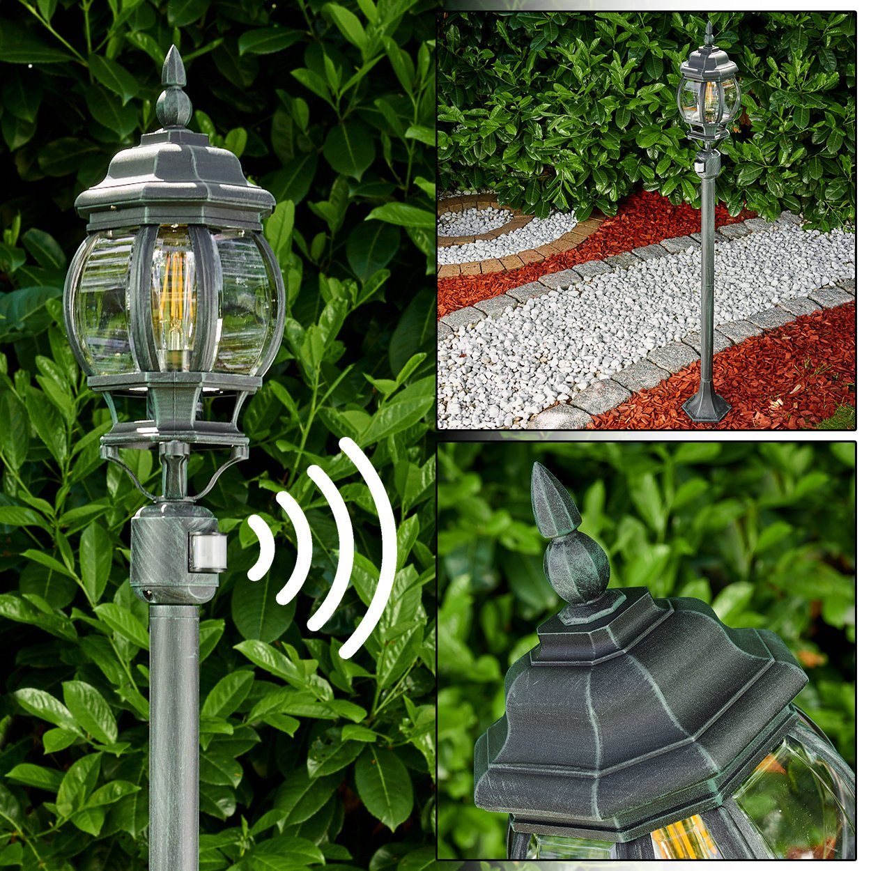 hofstein Außen-Stehlampe »Meyen« Außenleuchte m. Bewegungsmelder, ohne Leuchtmittel, Aluguss in Schwarz/Grün mit Kunststoff-Scheiben, E27, IP44
