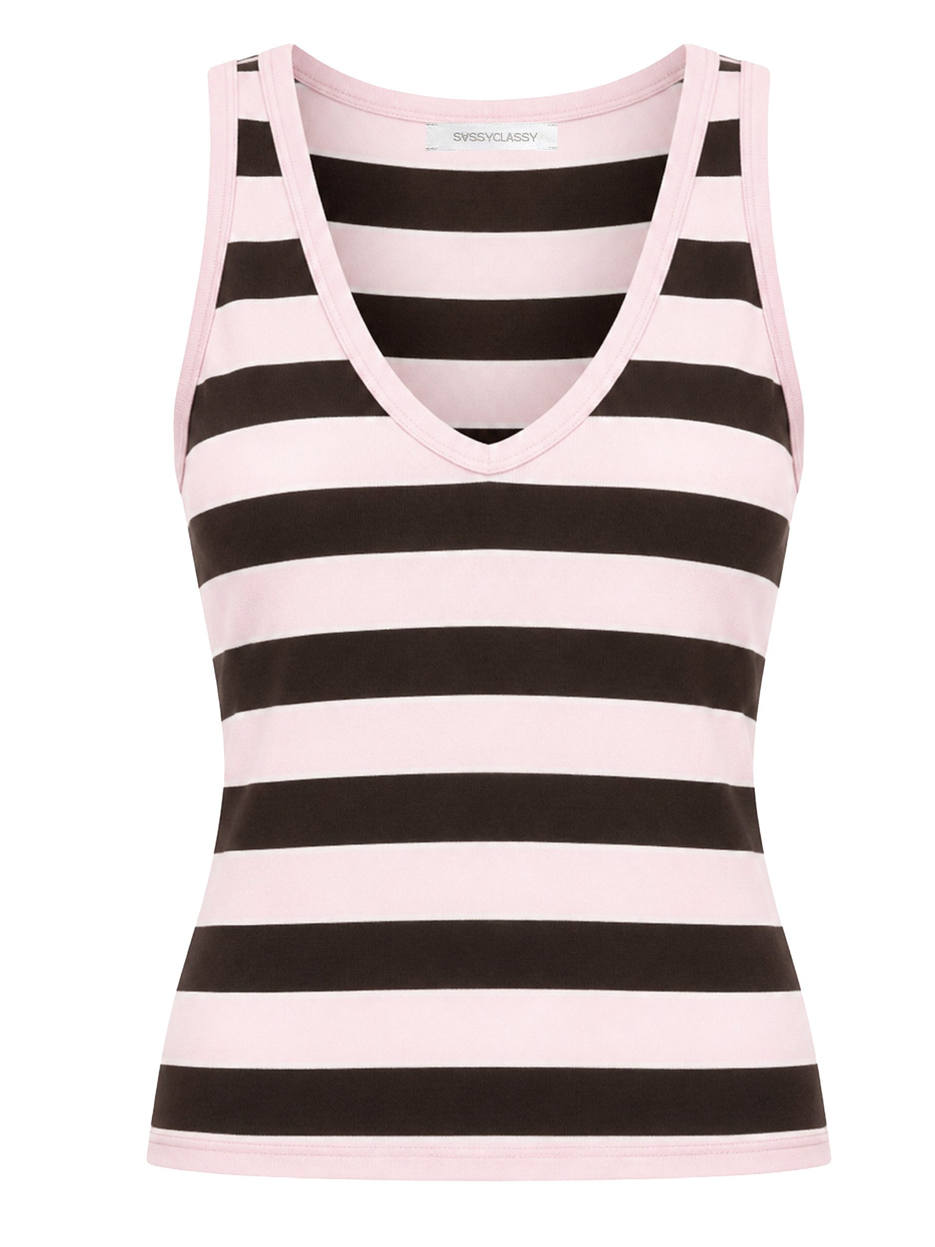 SASSYCLASSY Tanktop Gestreiftes Tank Top mit V-Ausschnitt Damen Ärmelloses Top aus Baumwoll/Viskose in schmaler Passform – Bild 2 von 5