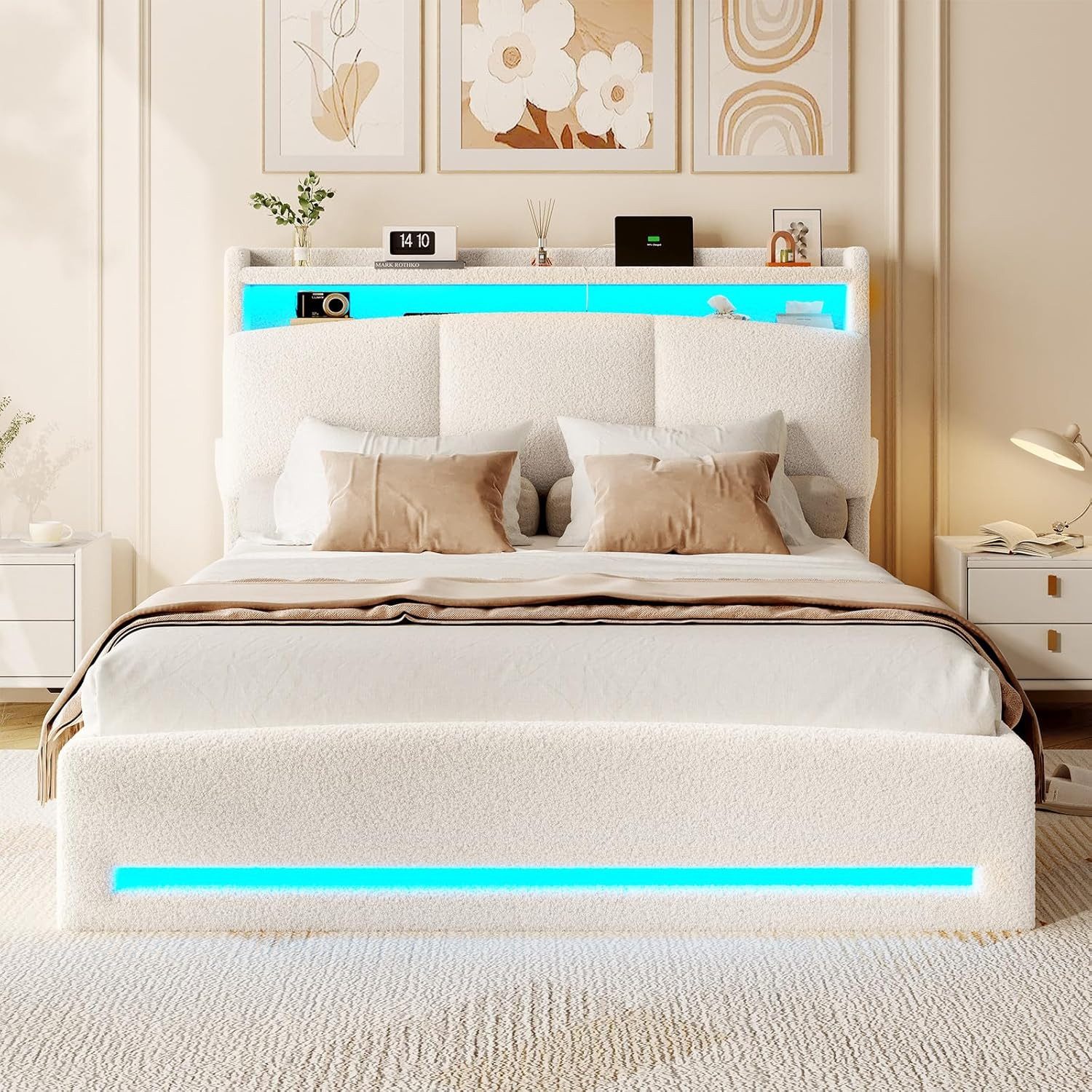 MSMASK Polsterbett mit Steckdosen und LED-Beleuchtung, Doppelbett mit Stauraum Kopfteil (1-tlg., Ohne Matratze), Hydraulik-Stauraumbett, Jugendbett 140x190cm – Bild 4 von 5