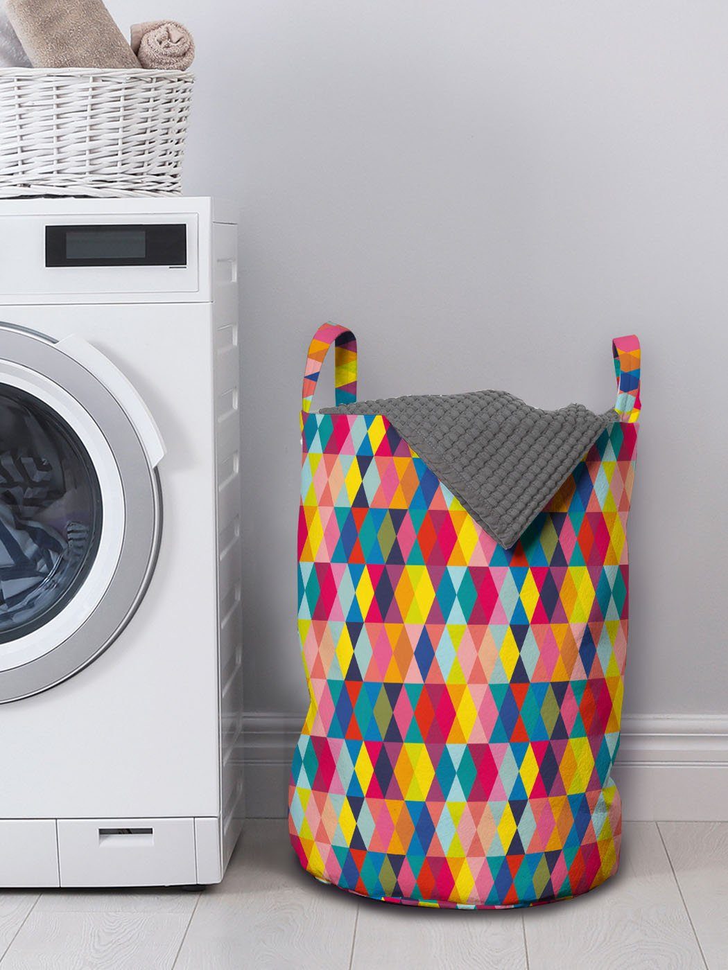Wäschekorb Waschsalons, Abakuhaus mit Rauten Moderne Geometrisch Wäschesäckchen Kordelzugverschluss bunte Griffen für