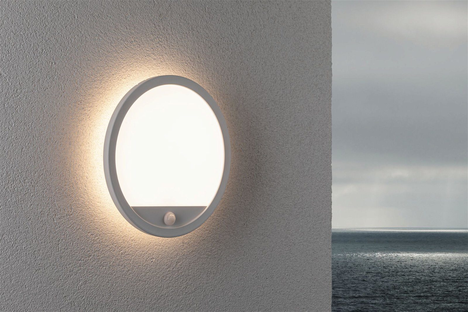 Paulmann LED Außen-Wandleuchte Außenpanel Lamina rund 280mm 3000K 14,5W 1200lm 230V Kunststoff, LED fest integriert, Warmweiß, Backlight Bewegungsmelder seewasserresistent IP44 1200lm