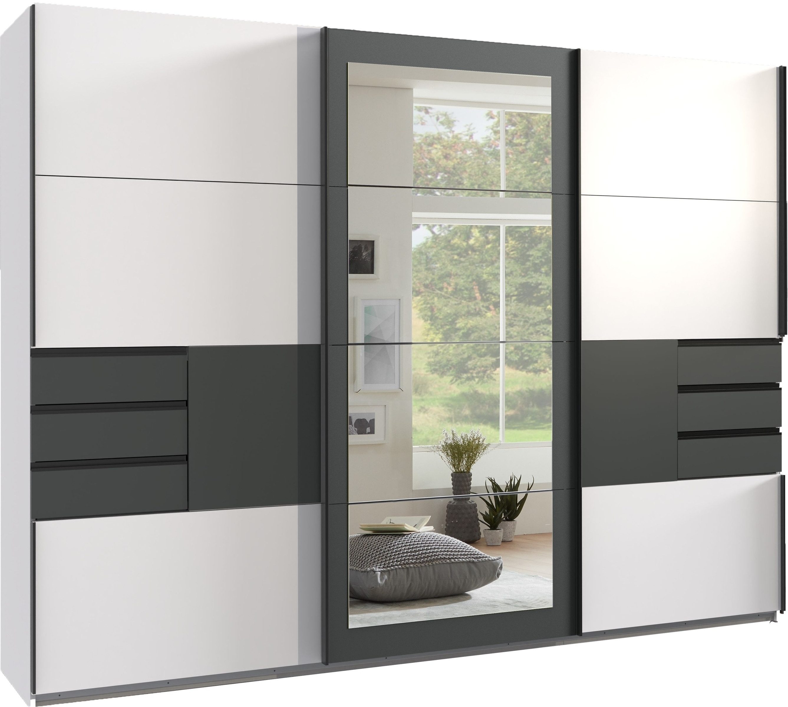 freiraum Schwebetürenschrank LUZERN in WEISS + GRAPHIT + SPIEGEL - 270x208x64cm (BxHxT)