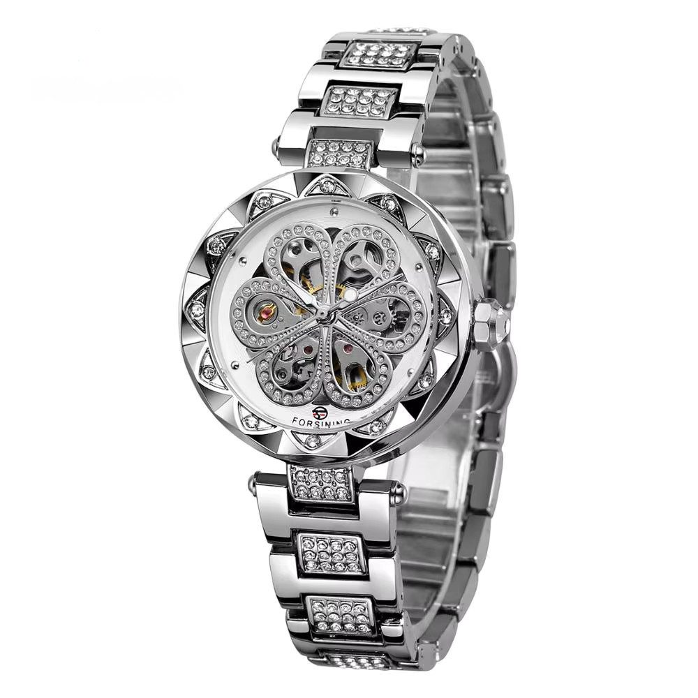 Rötting Design Automatikuhr Damenuhr Marke Forsining Rhinestone Besatz silberfarbenes Design, Handgelenkumfang 16 bis 20 cm wählbar