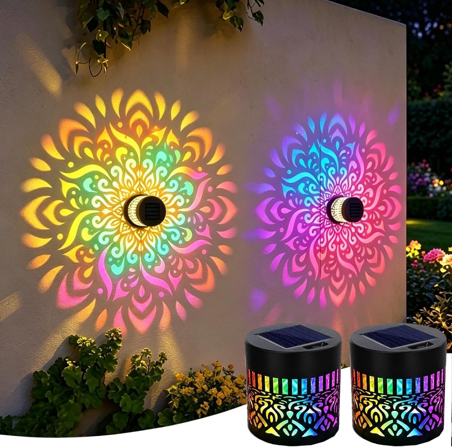 FELIXLEO LED Solarleuchte Solarlampen Außen Mandala 7 Farbverläufe LED Projektionslampe