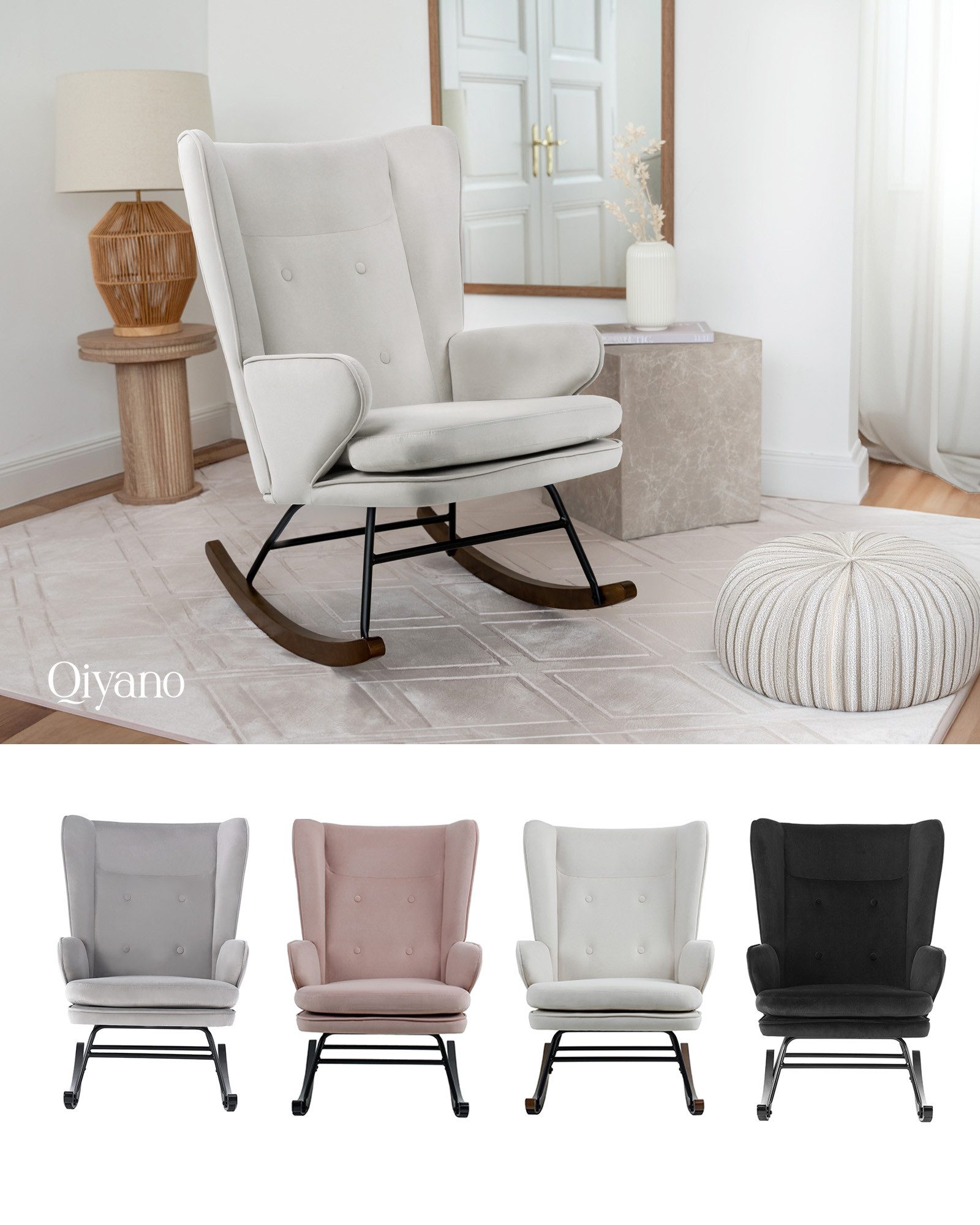Qiyano Schaukelstuhl Thadia Beige Samtstoff mit günstig online kaufen