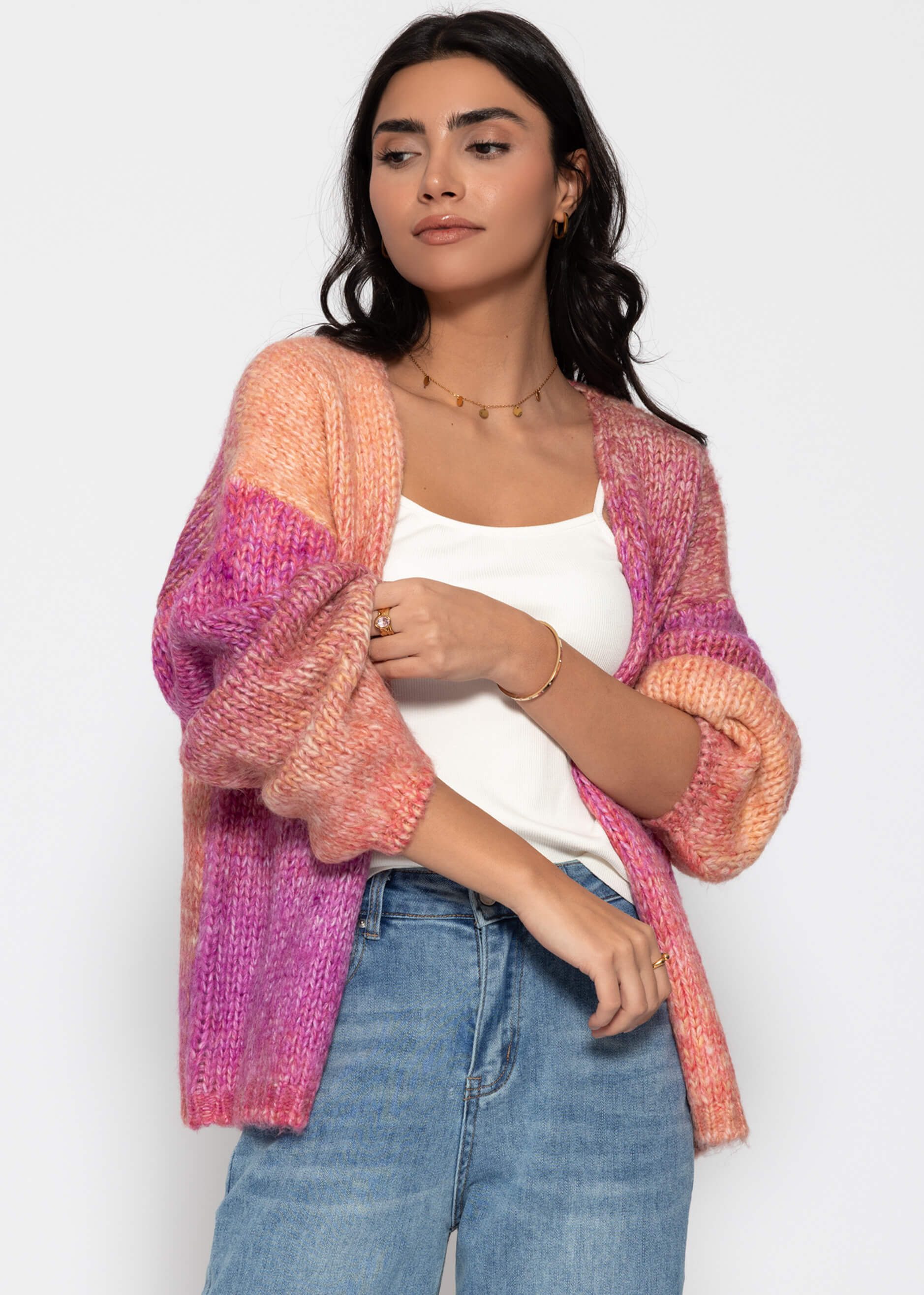 SASSYCLASSY Cardigan Offener Cardigan mit Farbverlauf für Damen Weiche Strickjacke im lockeren Schnitt mit Ballonärmeln Pink Blau
