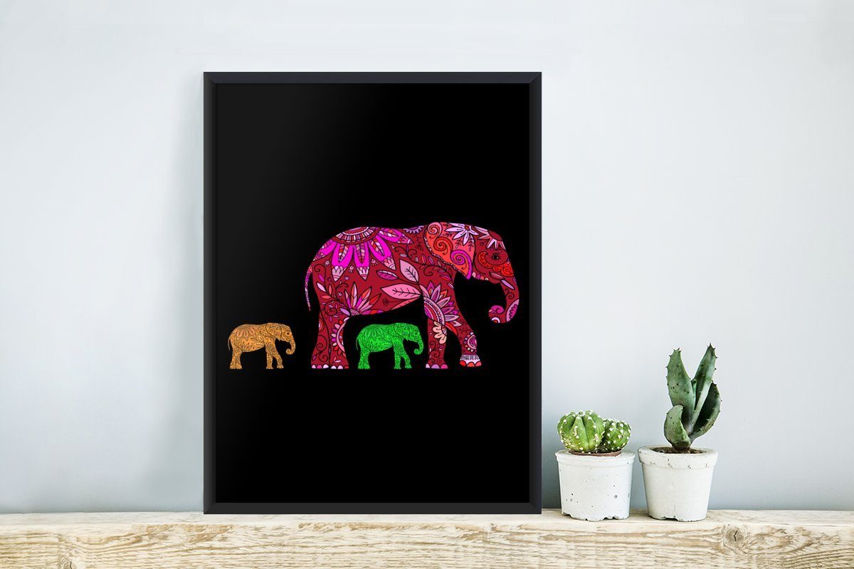 MuchoWow Poster Elefant (1 Bilderrahmen - Gerahmtes St), - Muster Bilder, Blumen, Poster, Tiere Wandposter, Schwarzem Wanddeko, 
