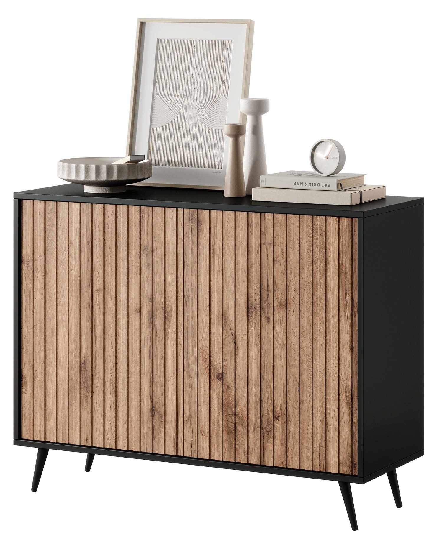 Selsey Sideboard BELLO, 2-türig mit Lamellenfronten und schwarzen Beinen, 104 cm