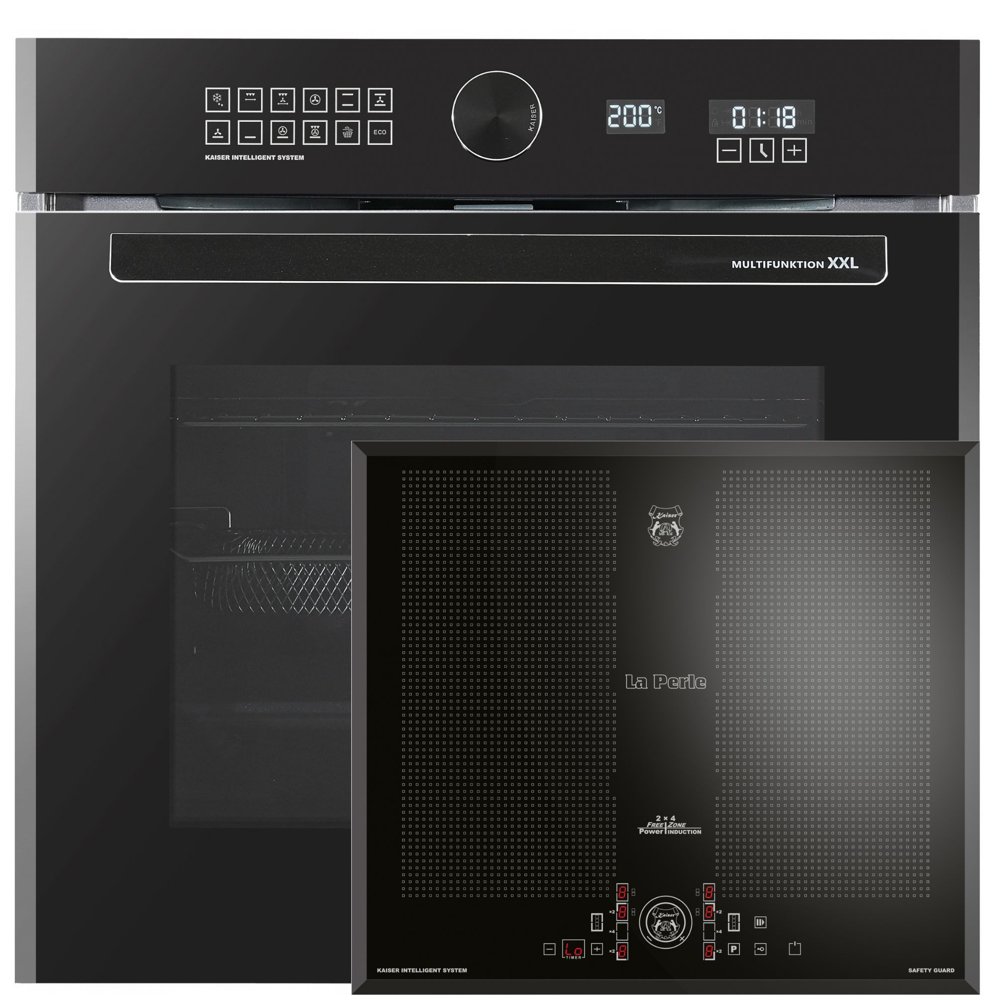Kaiser Küchengeräte Backofen-Set Herd Set Autark Einbau Elektrobackofen XXL 79L Air Fry Pizzastein Heißluftsystem Selbstreinigung Schwarz +Induktions-Kochfeld 60 cm FREE ZONE mit 2 FLEX Induktions-Zonen EH 6452+KCT 61 FI, mit 1-fach-Teleskopauszug