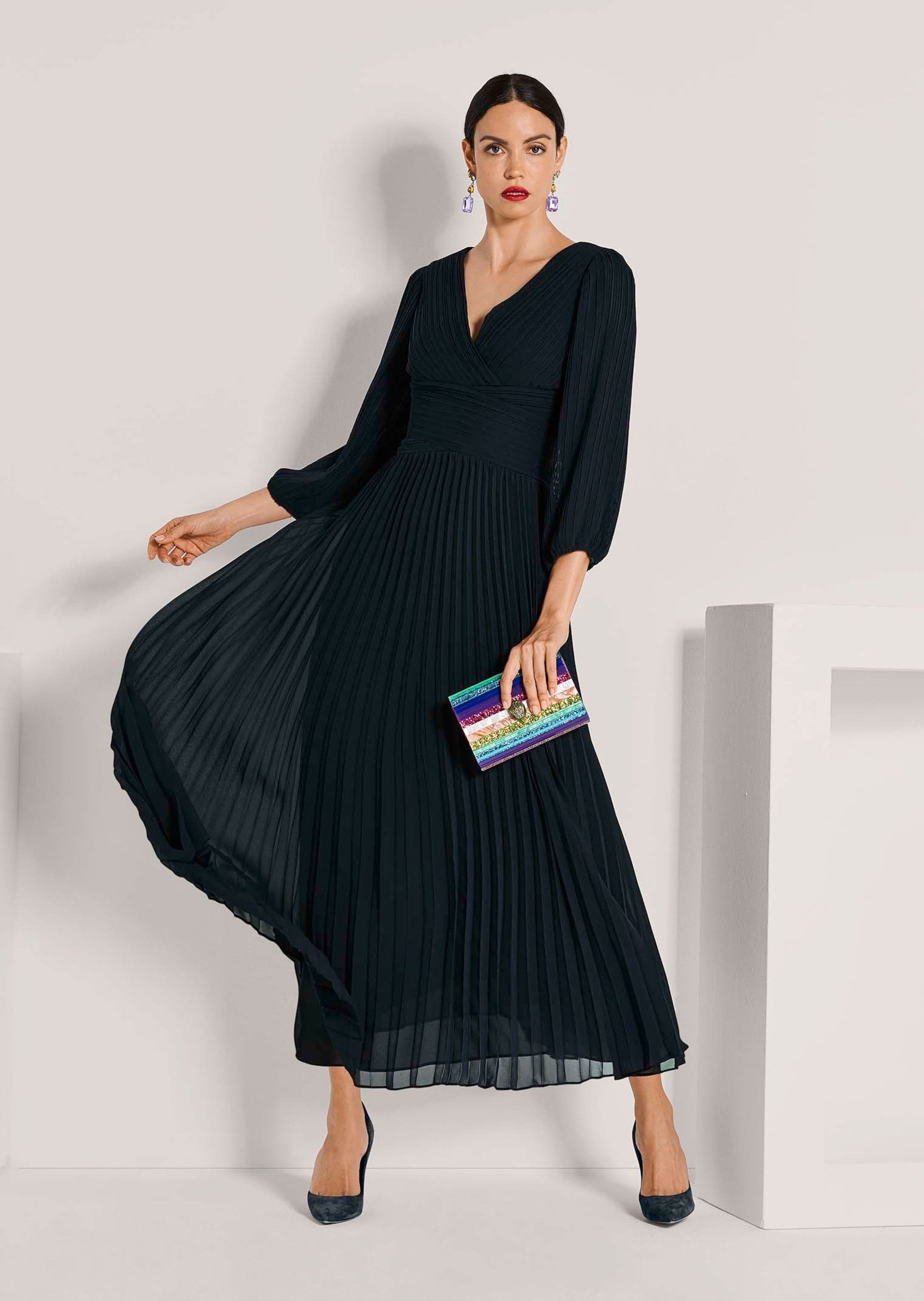 MADELEINE Midikleid Chiffonkleid mit Wickel-Optik Maxikleid mit V-Ausschnitt, Knöchellänge und 3/4-Arm